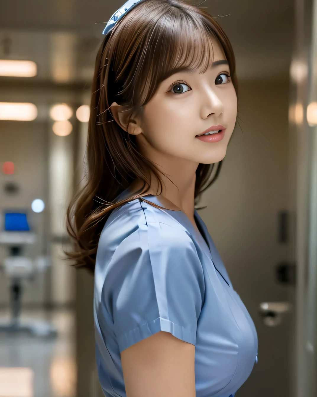 (((hospital, nurse:1.3, indoor, whole body, Are standing :1.3))), Tight fit wear Cesium short:1.3, japanese woman, brown hair, slightly larger breasts, cute)), (clean, natural makeup), (highest quality, masterpiece:1.3, super High resolution), (Super detailed, caustics), (realistic:1.4, RAW shooting), very detailed, High resolution, 16K resolution