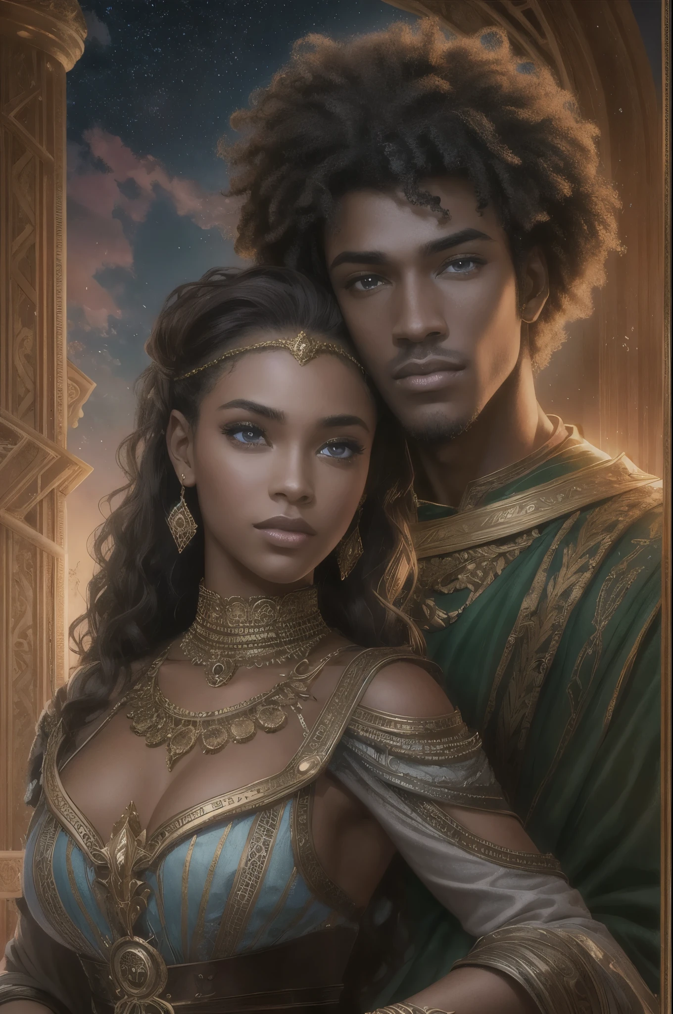 Cover of fantasy darkromance book, a darskin young man and a darkskin young woman, very beautiful, curly hair. The book is about royalty, politic, war, celest kingdom, power and angels.coverbook, 8K, realistic.HD, 4K, HD, De vrais visages, Cinematography L'image doit avoir un rapport hauteur/largeur de 1:1.6, et mesurez au moins 2,500 pixels on the longest side.
