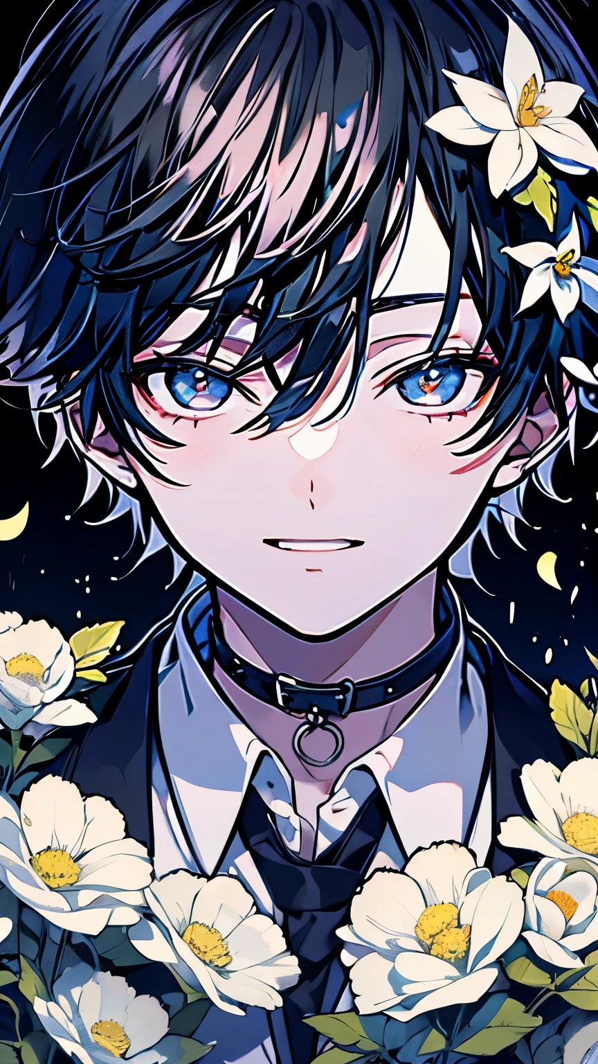 very detailed, ((two friendly men)), perfect face, beautiful face, very detailed顔,(black haired man:1.3),(white haired man:1.3),Ruffled shirt,smile,flower