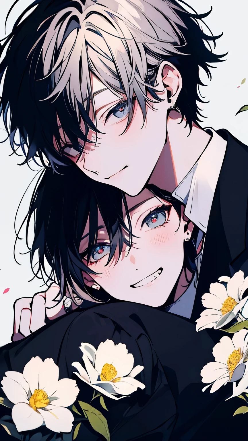 very detailed, ((two friendly men)), perfect face, beautiful face, very detailed顔,(black haired man:1.3),(white haired man:1.3),Ruffled shirt,smile,flower