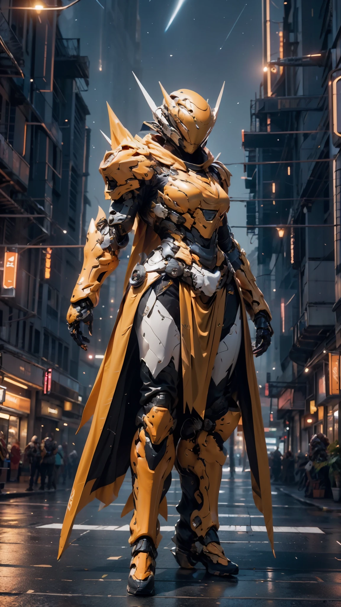 A woman adorned in fantasy-style full-body armor, a crown-concept fully enclosed helmet that unveils only her eyes, a composite layered chest plate, fully encompassing shoulder and hand guards, a lightweight waist armor, form-fitting shin guards, the overall design is heavy-duty yet flexible, ((the armor gleams with a golden glow, complemented by red and blue accents)), exhibiting a noble aura, she floats above a fantasy-surreal high-tech city, this character embodies a finely crafted fantasy-surreal style armored hero in anime style, exquisite and mature manga art style, (Queen bee mixed with Spider concept Armor, photorealistic:1.2, Real texture material:1.2), ((night sky, city night view, elegant, goddess, femminine:1.5)), Unreal Engine 5, metallic, high definition, best quality, highres, ultra-detailed, ultra-fine painting, extremely delicate, professional, anatomically correct, symmetrical face, extremely detailed eyes and face, high quality eyes, creativity, RAW photo, UHD, 32k, Natural light, cinematic lighting, masterpiece-anatomy-perfect, masterpiece:1.5