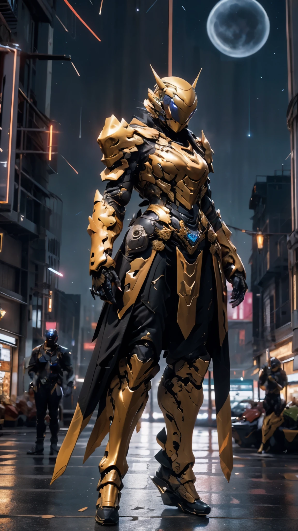 A woman adorned in fantasy-style full-body armor, a crown-concept fully enclosed helmet that unveils only her eyes, a composite layered chest plate, fully encompassing shoulder and hand guards, a lightweight waist armor, form-fitting shin guards, the overall design is heavy-duty yet flexible, ((the armor gleams with a golden glow, complemented by red and blue accents)), exhibiting a noble aura, she floats above a fantasy-surreal high-tech city, this character embodies a finely crafted fantasy-surreal style armored hero in anime style, exquisite and mature manga art style, (Queen bee mixed with Spider concept Armor, photorealistic:1.2, Real texture material:1.2), ((night sky, city night view, elegant, goddess, femminine:1.5)), Unreal Engine 5, metallic, high definition, best quality, highres, ultra-detailed, ultra-fine painting, extremely delicate, professional, anatomically correct, symmetrical face, extremely detailed eyes and face, high quality eyes, creativity, RAW photo, UHD, 32k, Natural light, cinematic lighting, masterpiece-anatomy-perfect, masterpiece:1.5