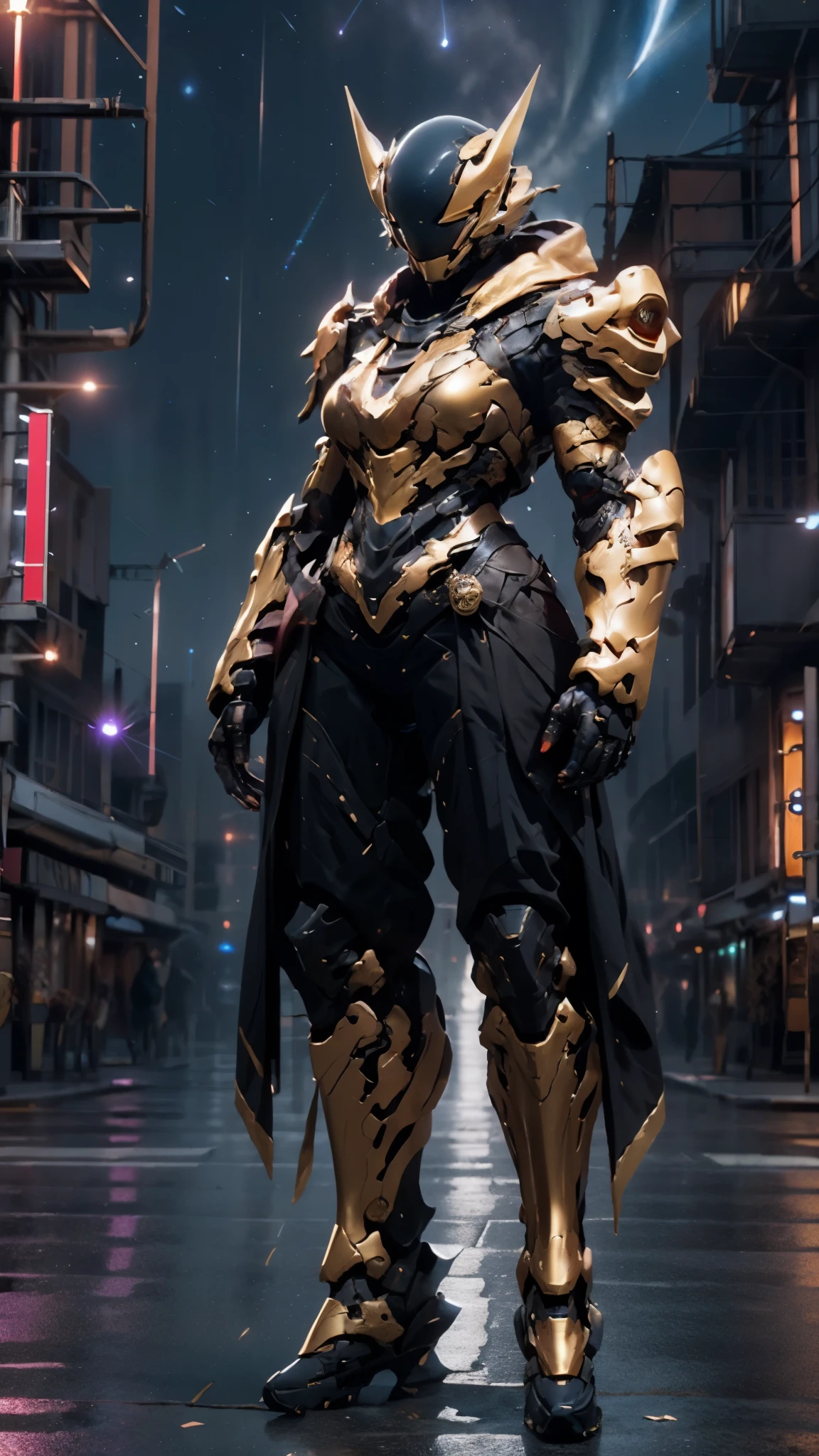 A woman adorned in fantasy-style full-body armor, a crown-concept fully enclosed helmet that unveils only her eyes, a composite layered chest plate, fully encompassing shoulder and hand guards, a lightweight waist armor, form-fitting shin guards, the overall design is heavy-duty yet flexible, ((the armor gleams with a golden glow, complemented by red and blue accents)), exhibiting a noble aura, she floats above a fantasy-surreal high-tech city, this character embodies a finely crafted fantasy-surreal style armored hero in anime style, exquisite and mature manga art style, (Queen bee mixed with Spider concept Armor, photorealistic:1.2, Real texture material:1.2), ((night sky, city night view, elegant, goddess, femminine:1.5)), Unreal Engine 5, metallic, high definition, best quality, highres, ultra-detailed, ultra-fine painting, extremely delicate, professional, anatomically correct, symmetrical face, extremely detailed eyes and face, high quality eyes, creativity, RAW photo, UHD, 32k, Natural light, cinematic lighting, masterpiece-anatomy-perfect, masterpiece:1.5