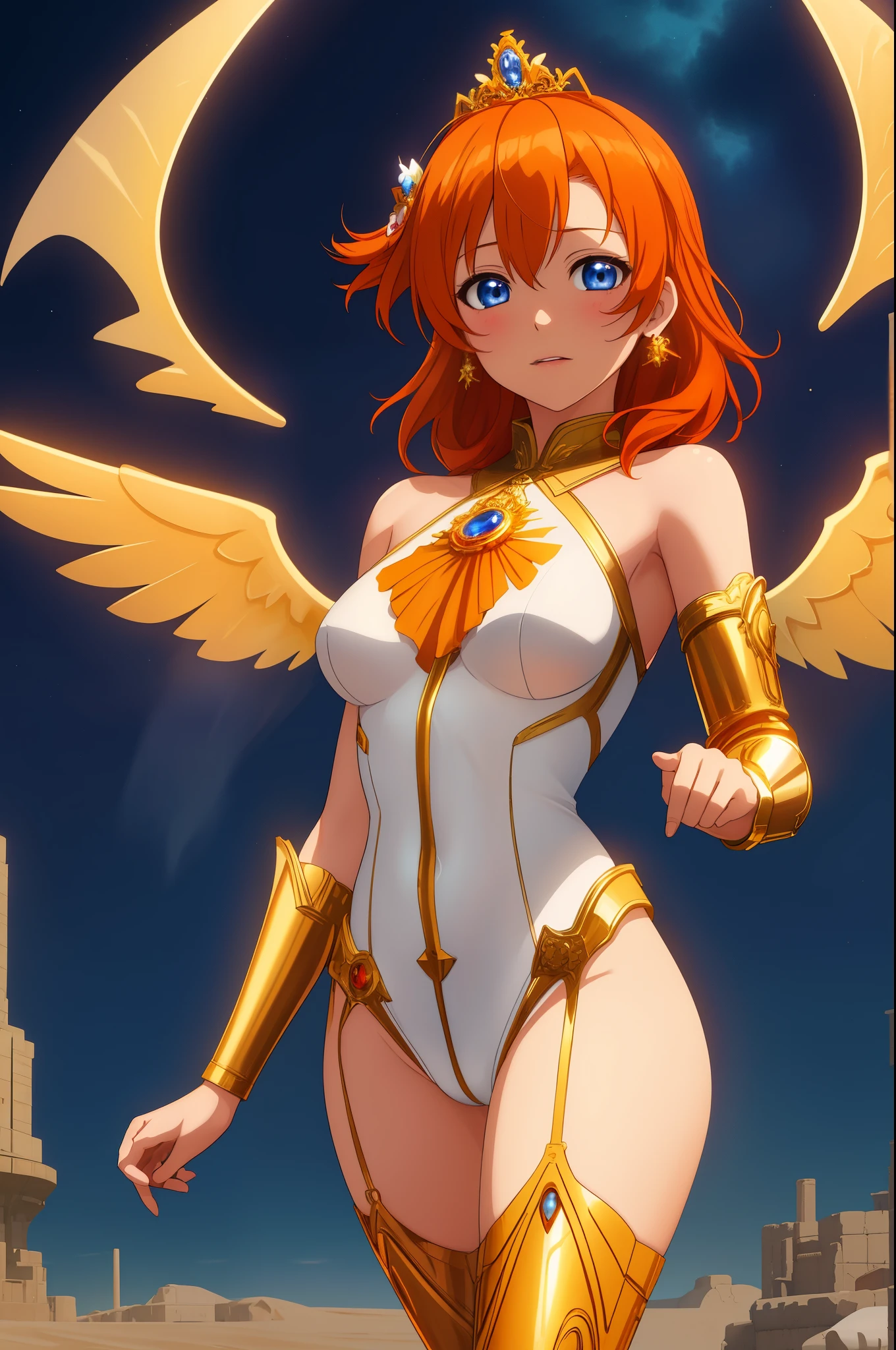 (Masterpiece, Best Quality, High Quality),volumetric lighting, illustration, beautiful,Kousaka honoka, cowboy shot, blue eyes, orange hair, white bodysuit, sexy, goddess wings, gold tiara,on heaven, blue sky 