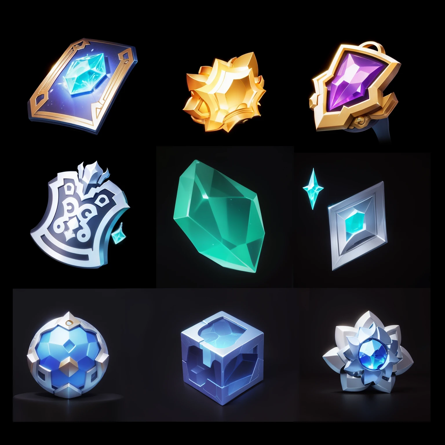 Close-up of a bunch of different items on black background,(( Chinese style))ability image, game icon资源, game icon, League of Legends inventory items, proper style, character icon, 程式化的game icon, object art, league of legends style, mysterious art style, Asset package, game assets, Super detail on every object, Enhance