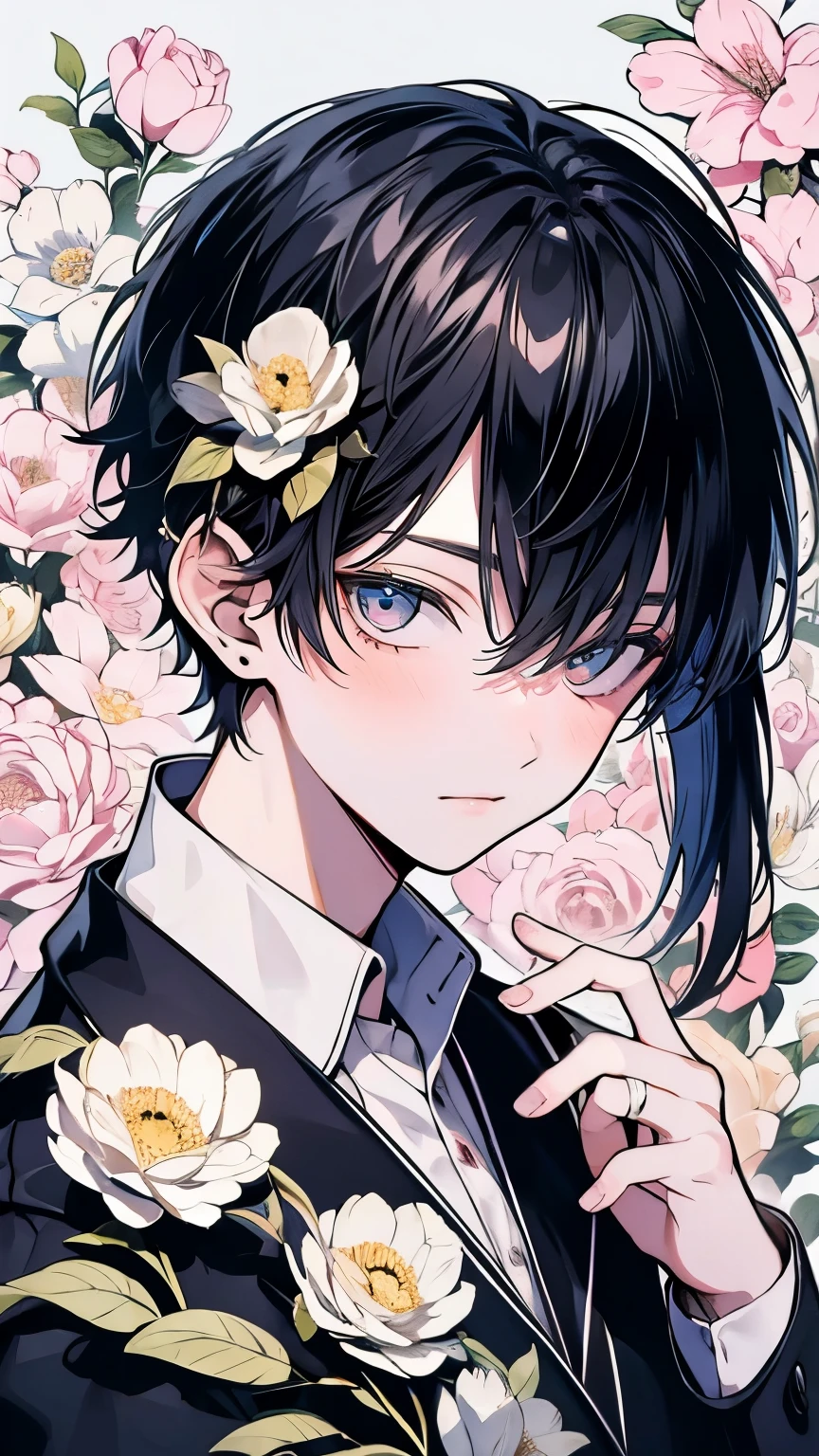 very detailed, ((two friendly men)), perfect face, beautiful face, very detailed顔,(black haired man:1.3),(white haired man:1.3),Ruffled shirt,smile,flower