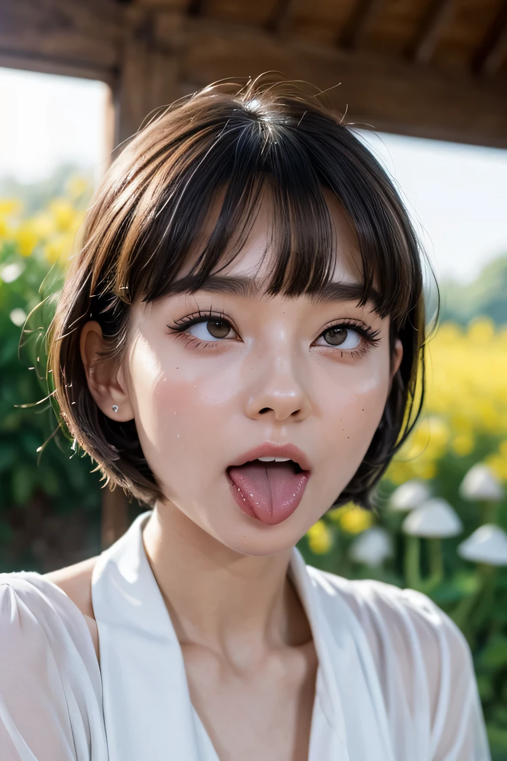 Audrey Hepburn、1 girl,debris flies,,award winning photos, very detailed, focus the eyes clearly, nose and mouth,face focus, super close up of face、woman with open mouth and closed eyes,20-year-old,black hair、symmetrical face,realistic nostrils、angle from below、elongated C-shaped nostrils,,,,,,,,,,,NSFW,sweaty and shiny skin、汗でglowing skinを強調する照明、((sharp nose))汗でglowing skin、shiny skin、sweaty hair、sun'Rays shine、(wrinkles between eyebrows))(cum on tongue)、deep kiss、((thin eyebrows))oily skin、glowing skin、double eyelid、wet and shiny tongue、Beautiful face woman with wet tongue full of foam、Beautiful woman、(short bob、mushroom cuts,dull bangs),roll your eyes、shortcut、rape blossom field、blouse,upper body only,