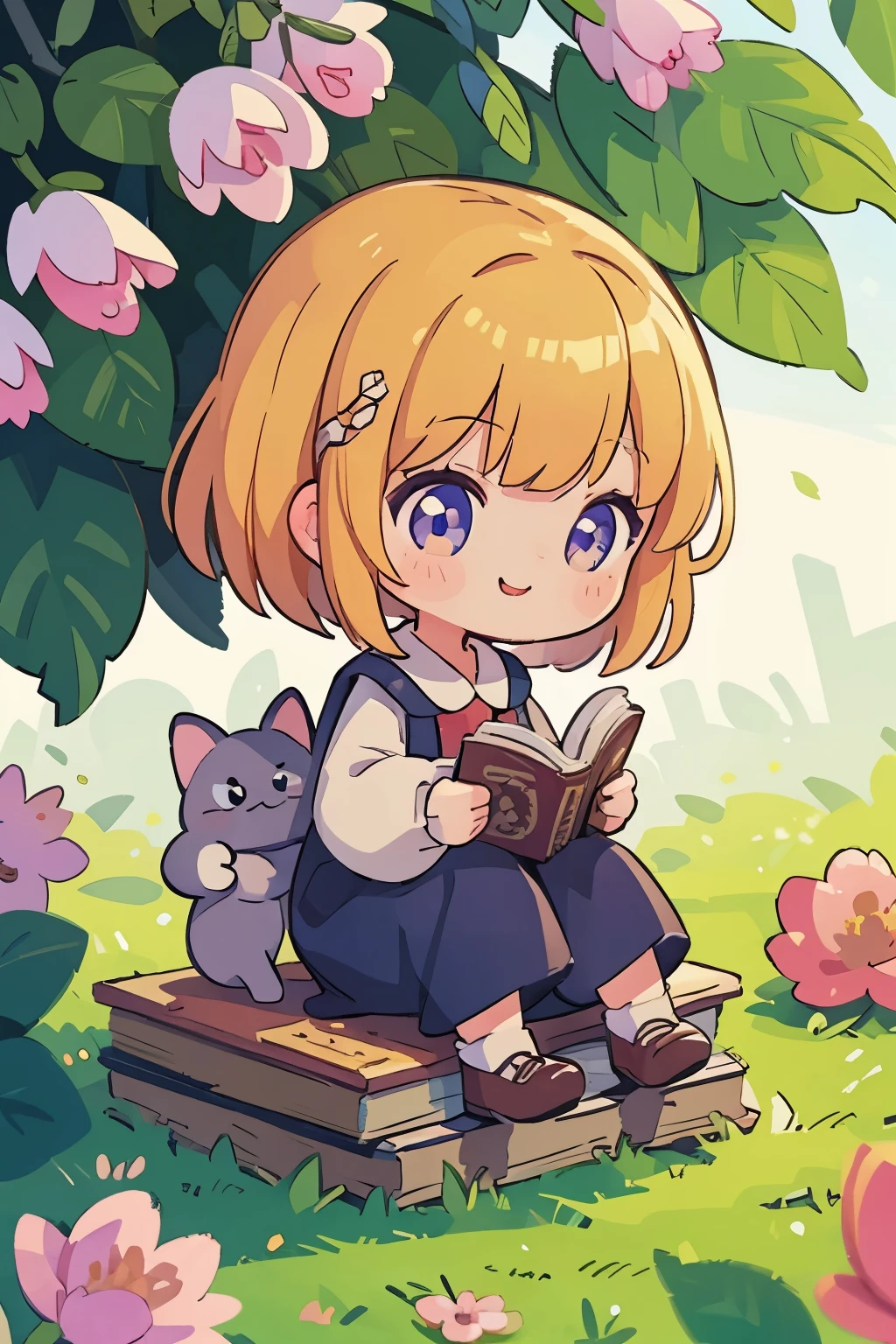 1Chibi girl smelling the scent of rose flowers in a book、Jewel-like eyes、Take a super close-up shot of lips from the side、smile