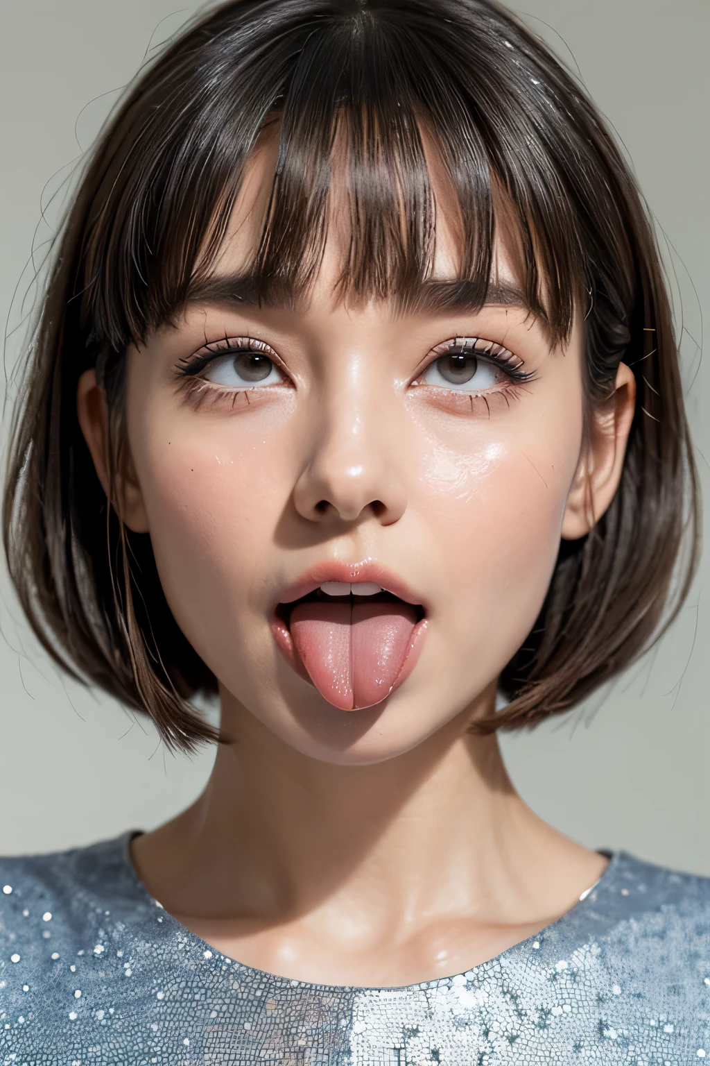 Audrey Hepburn、1 girl,debris flies,,award winning photos, very detailed, focus the eyes clearly, nose and mouth,face focus, super close up of face、woman with open mouth and closed eyes,20-year-old,black hair、symmetrical face,realistic nostrils、angle from below、elongated C-shaped nostrils,,,,,,,,,,,NSFW,sweaty and shiny skin、汗でglowing skinを強調する照明、((sharp nose))汗でglowing skin、shiny skin、sweaty hair、sun&#39;Rays shine、(wrinkles between eyebrows))（cum on tongue)、deep kiss、((thin eyebrows))oily skin、glowing skin、double eyelid、wet and shiny tongue、Beautiful face woman with wet tongue full of foam、Beautiful woman、(short bob、mushroom cuts,dull bangs),roll your eyes、shortcut、rape blossom field、blouse,upper body only,