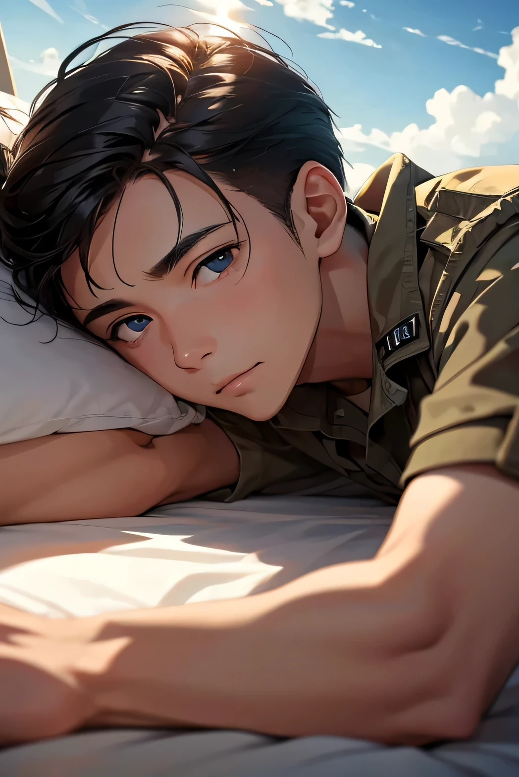 young soldier lying in his back and look in clear sky, where where the sun replaces the clouds, and sunshine light lightening his face