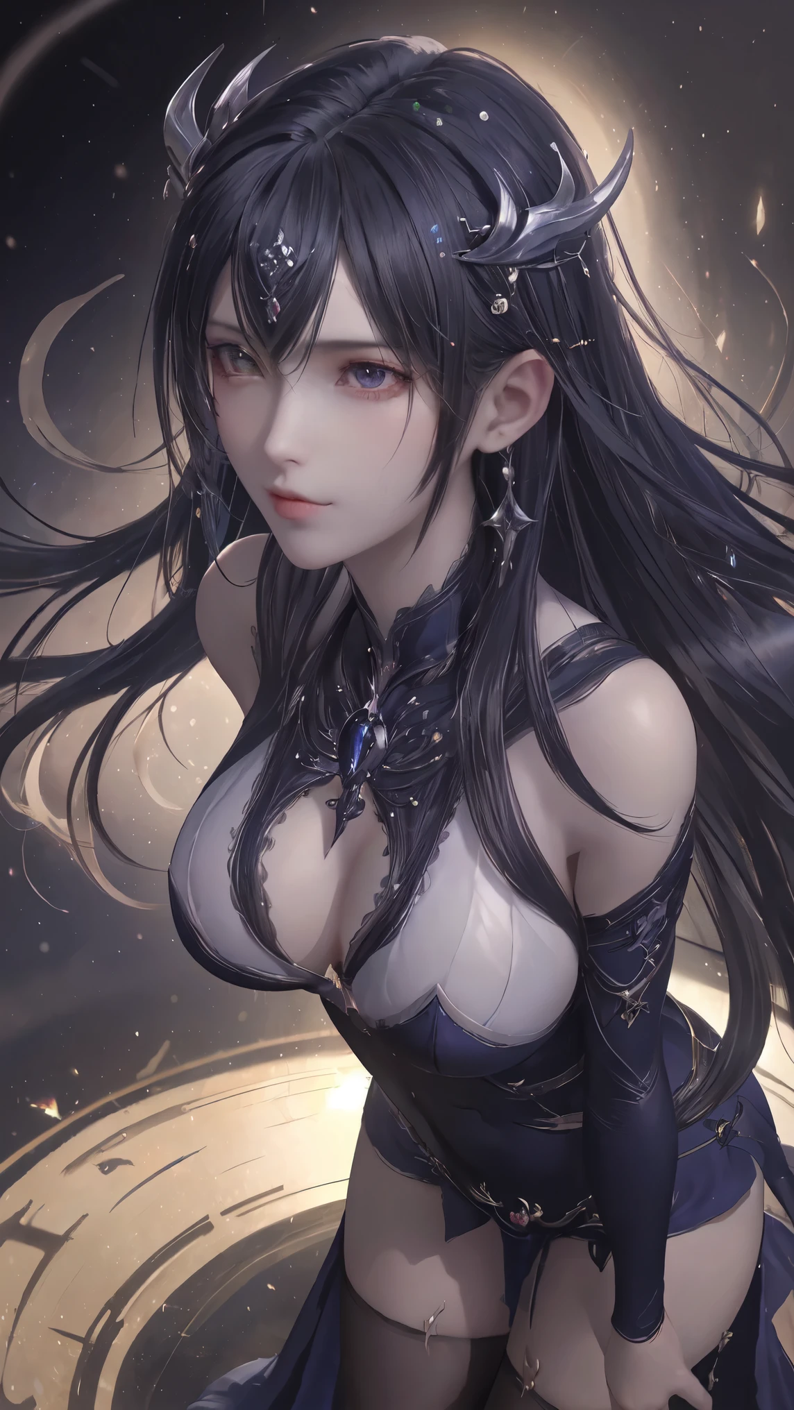 8k, masterpiece, bset quality, girl in tight black dress luxury, glossy, sexy girl fantasy anime artwork, fantasy anime illustration, 8k badass anime, anime art wallpaper 4k, 4k anime art wallpaper, 2.5 d cgi fantasy anime artwork, 8k anime art wallpaper, detailed digital anime art, beautiful fantasy anime, epic anime artwork , 4k anime wallpapers, detailed anime artwork, sexy, seductive, giant, women, anime style, best quality, extremely detailed, best silhouette), (details) font background, dark fantasy), (beautiful detailed face), high contrast, (best lighting details, extremely delicate and beautiful), ((cinematic lights)), colorful, super detailed, dramatic lighting, intricate details, (1 girl, solo, sharp face,...dark blue hair, super long hair, thick tifa-style bangs, long eyelashes, dynamic angles) , black light swirling around the character, depth of field, black light particles, wearing a luxurious, noble tight dress, tight, stockings, water effect, magic effect
