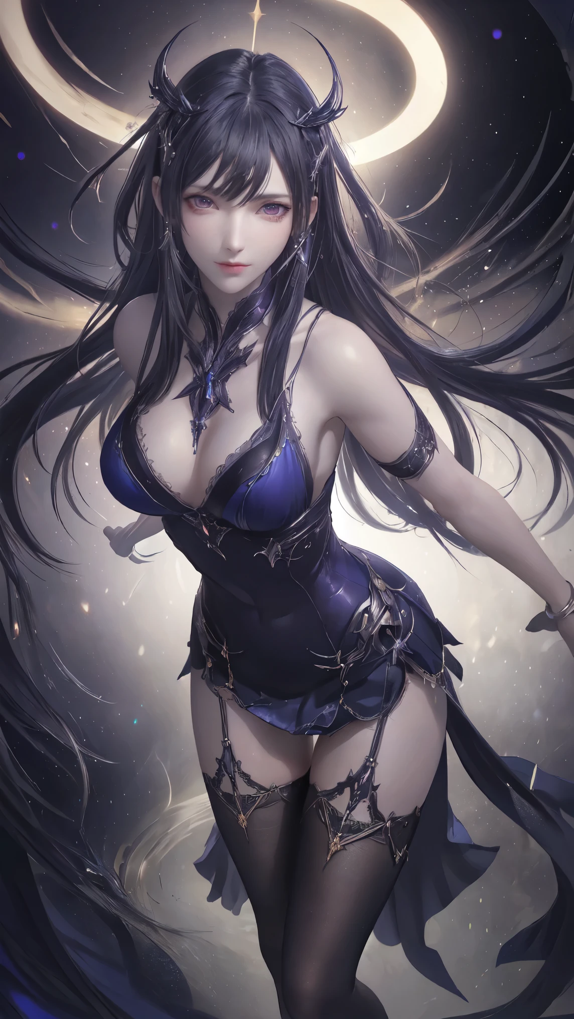 8k, masterpiece, bset quality, girl in tight black dress luxury, glossy, sexy girl fantasy anime artwork, fantasy anime illustration, 8k badass anime, anime art wallpaper 4k, 4k anime art wallpaper, 2.5 d cgi fantasy anime artwork, 8k anime art wallpaper, detailed digital anime art, beautiful fantasy anime, epic anime artwork , 4k anime wallpapers, detailed anime artwork, sexy, seductive, giant, women, anime style, best quality, extremely detailed, best silhouette), (details) font background, dark fantasy), (beautiful detailed face), high contrast, (best lighting details, extremely delicate and beautiful), ((cinematic lights)), colorful, super detailed, dramatic lighting, intricate details, (1 girl, solo, sharp face,...dark blue hair, super long hair, thick tifa-style bangs, long eyelashes, dynamic angles) , black light swirling around the character, depth of field, black light particles, wearing a luxurious, noble tight dress, tight, stockings, water effect, magic effect