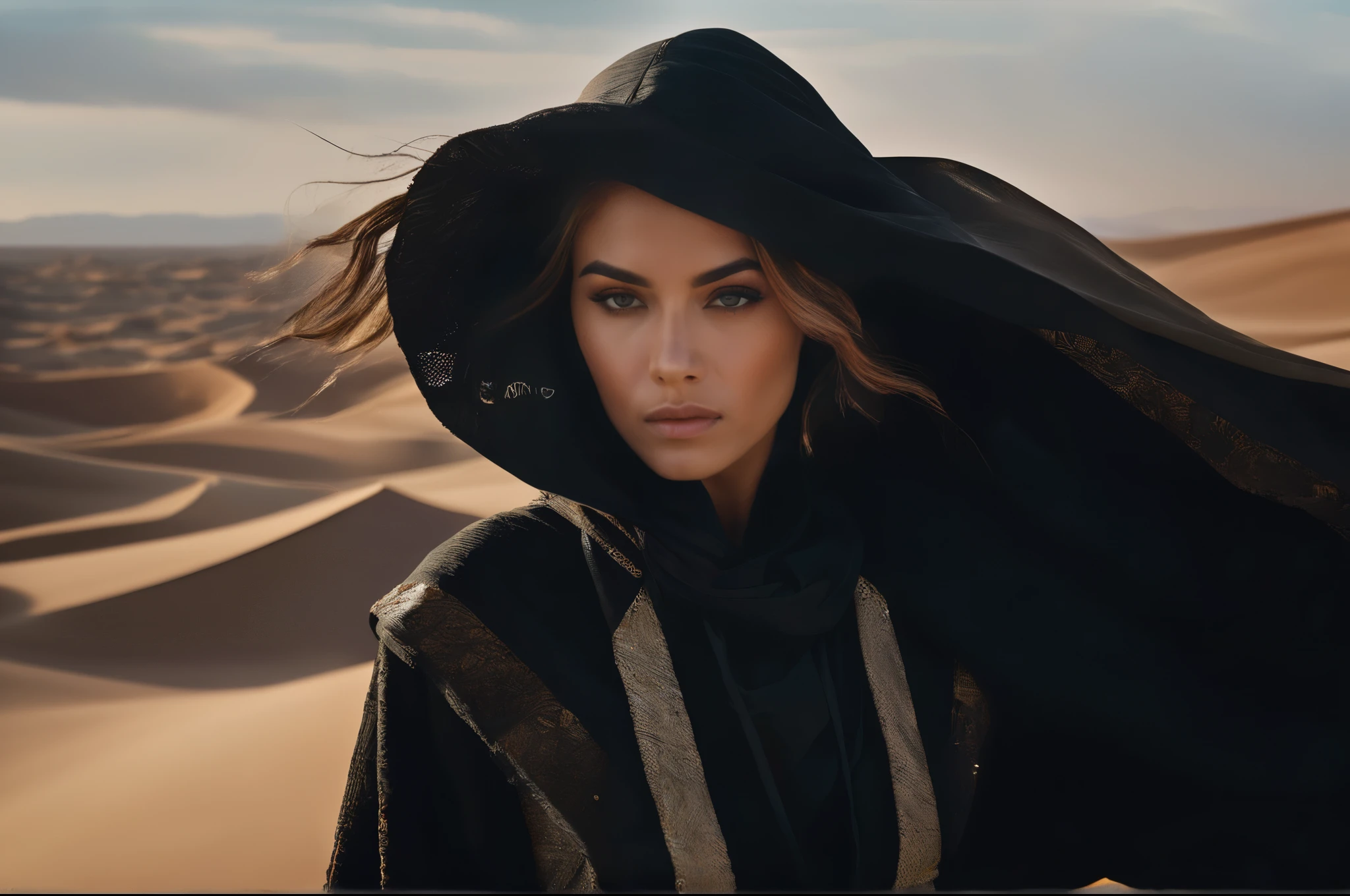 arafeD woman in a hooDeD jacket stanDing in the Desert, Photo of a beautiful woman, portrait of beDouin D&D, karol bak uhD, Gorgeous woman, film still from Dune 2020, Desert winD, Soft Portrait Shot 8K, 8k Artistic Portrait Photography, film still from movie Dune-2021, von Mark Arian