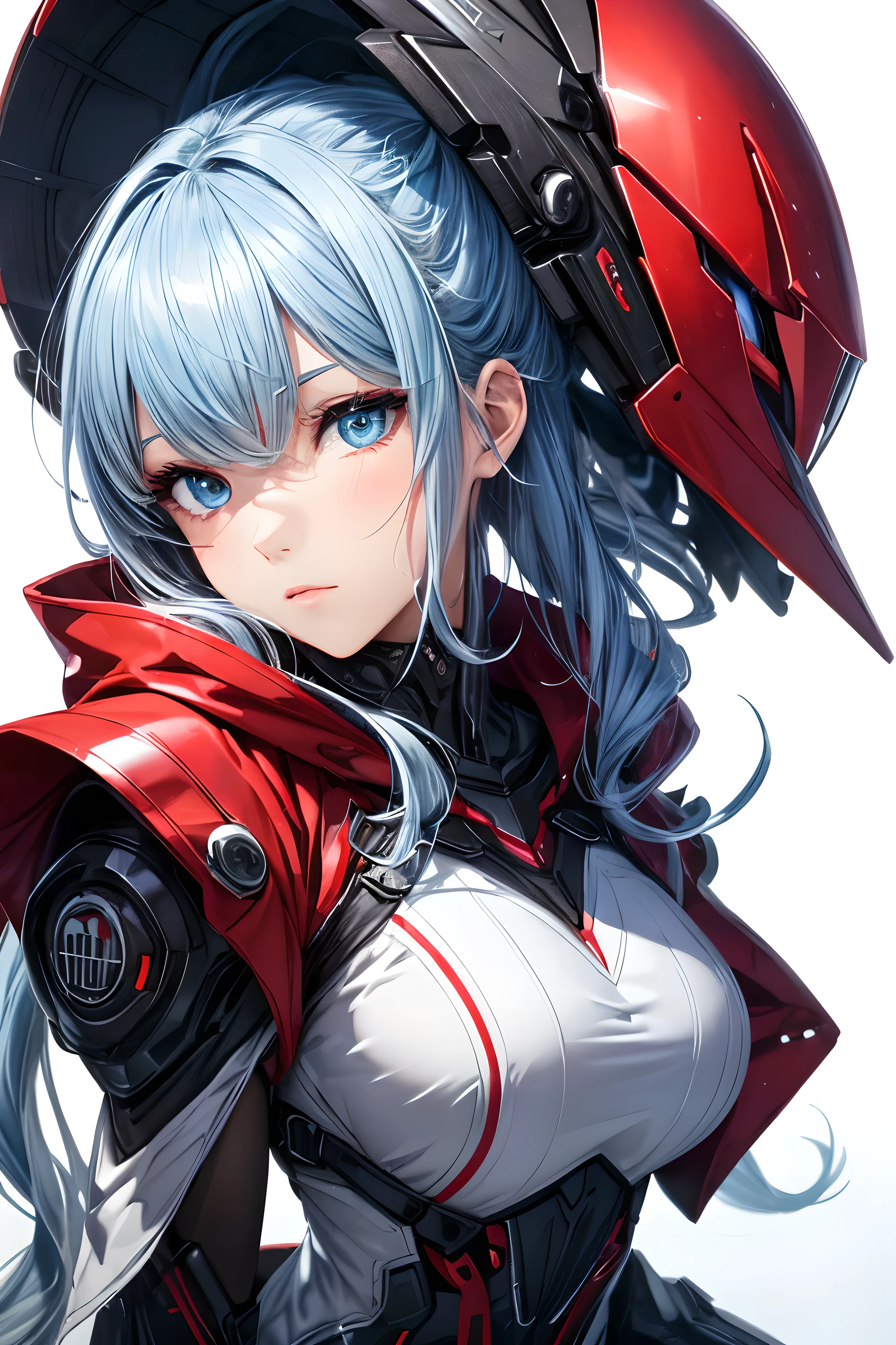 (Character Design Sheet), Multiple angle, masterpiece, best quality, 1girl, photo of a red hooded woman, blue eyes, beautiful face, long wavy blue hair, biomechanical android with translucent armor, fantasy illustration, perfect face, intricate details, white background,