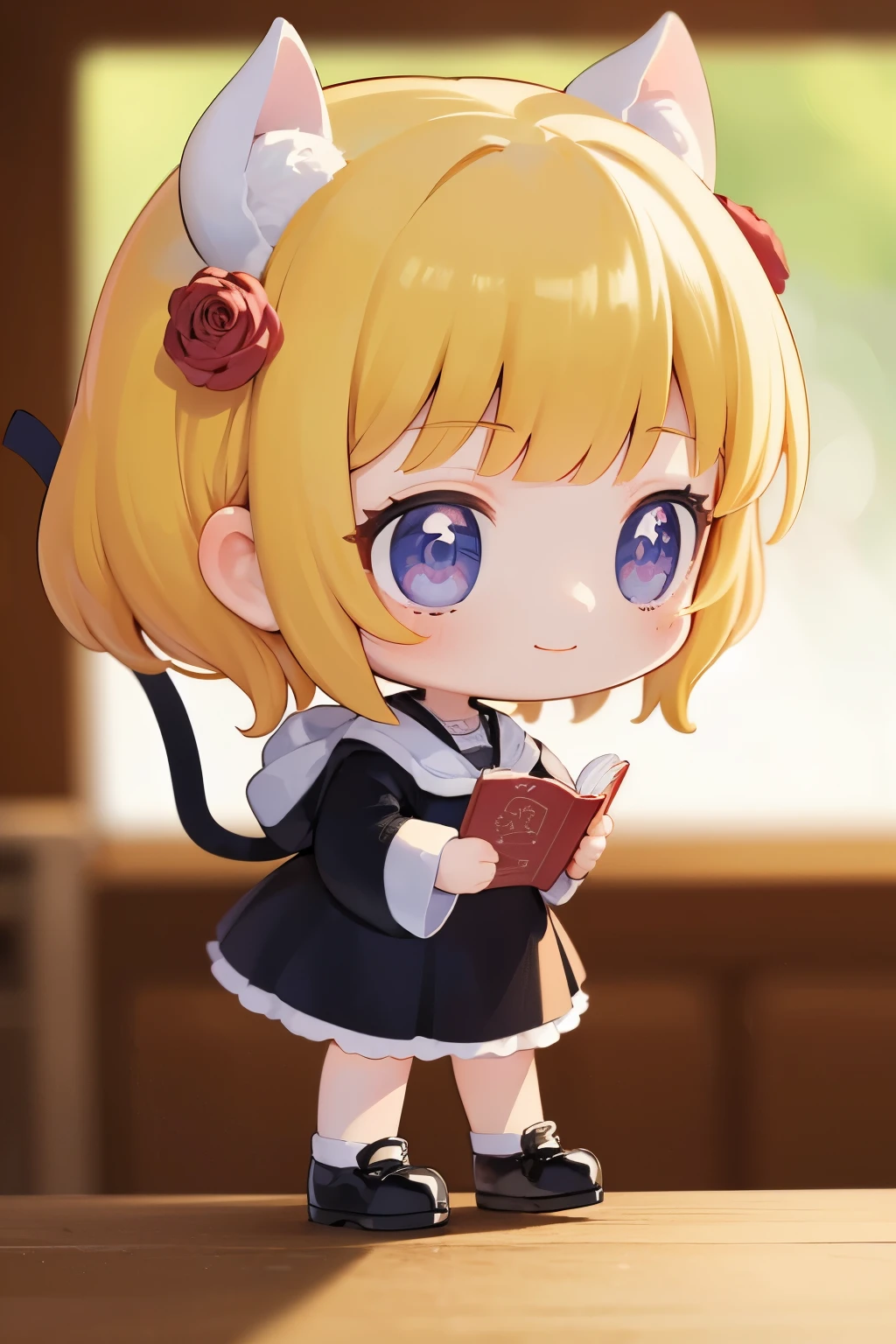 １Chibi girl smelling the scent of rose flowers in a book、Jewel-like eyes、Take a super close-up shot of lips from the side、smile