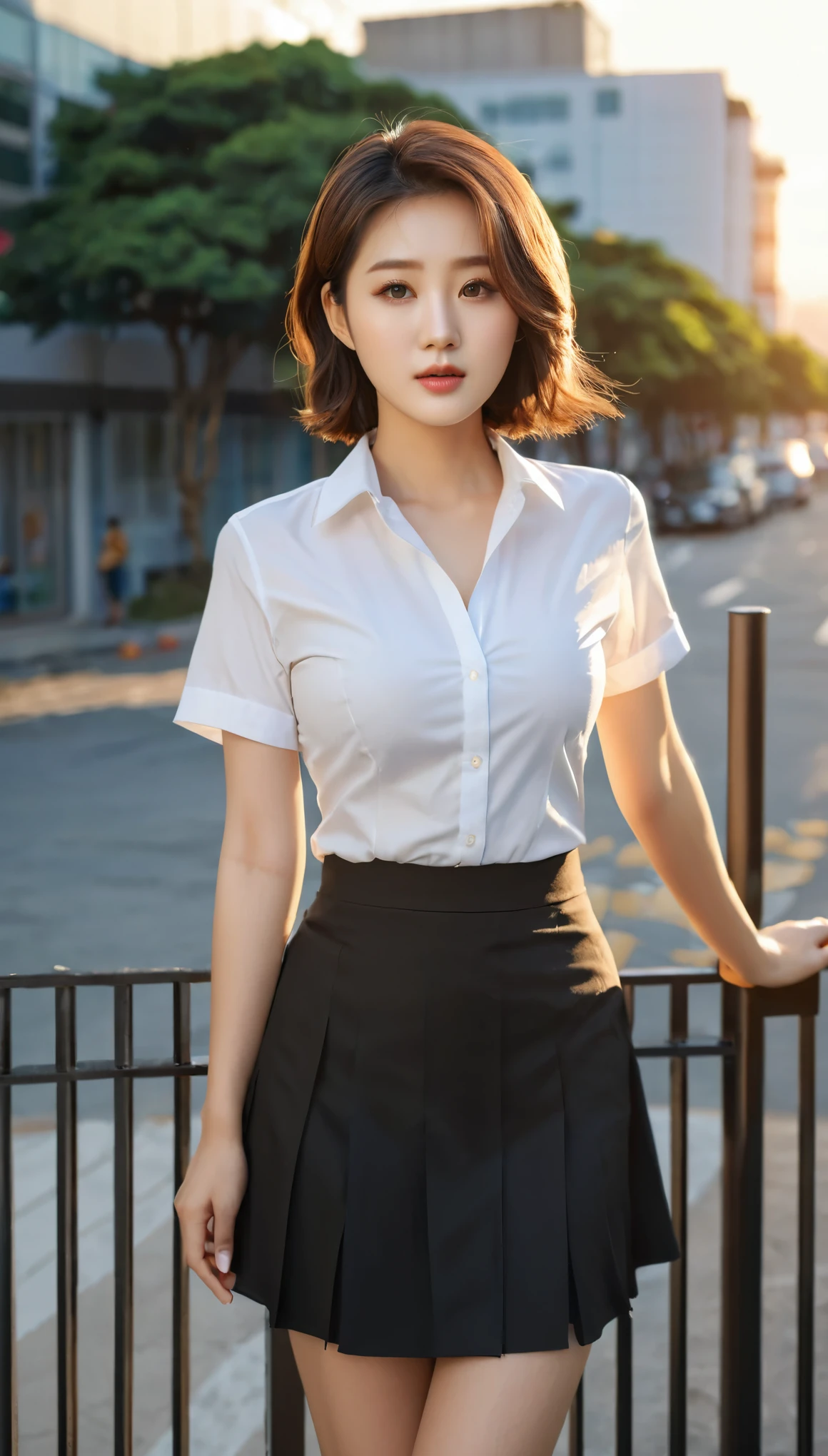 High angle shot of beautiful korean female, 36 inch breasts size, medium hair, wearing white short sleeve shirt, black skirt, in front of the office gate, sunset light, uhd