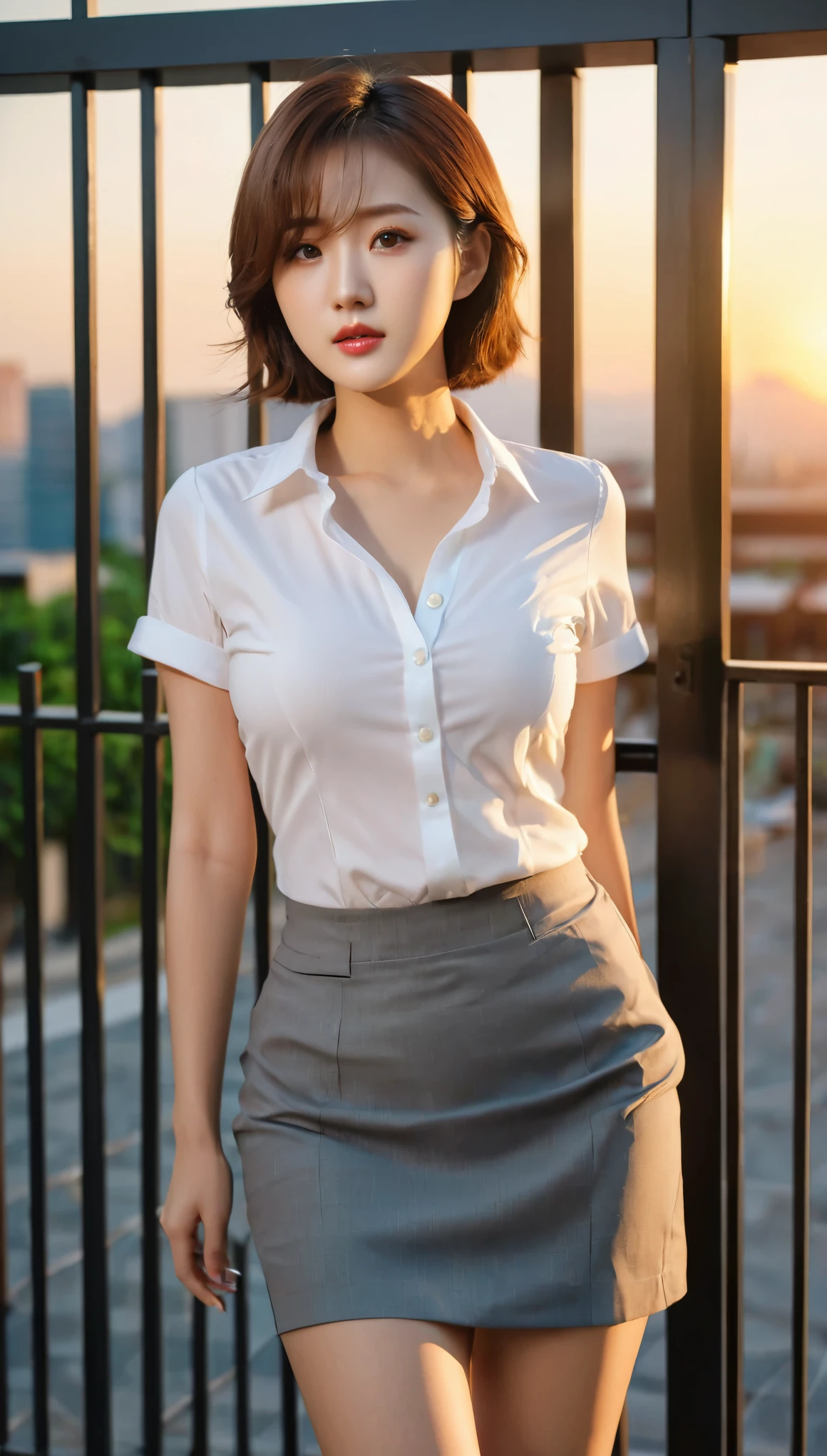 High angle shot of beautiful korean female, 36 inch breasts size, medium hair, wearing white short sleeve shirt, black skirt, in front of the office gate, sunset light, uhd