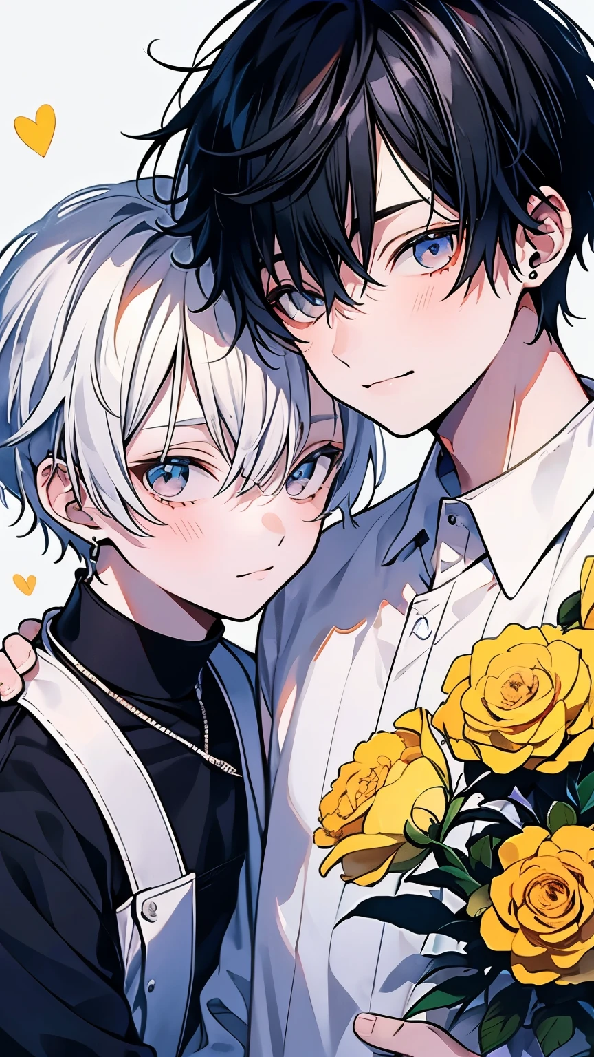 very detailed, ((two friendly men:1.5)), perfect face, beautiful face, very detailed顔,(black haired man:1.3),(white haired man:1.3),Ruffled shirt,smile,flower