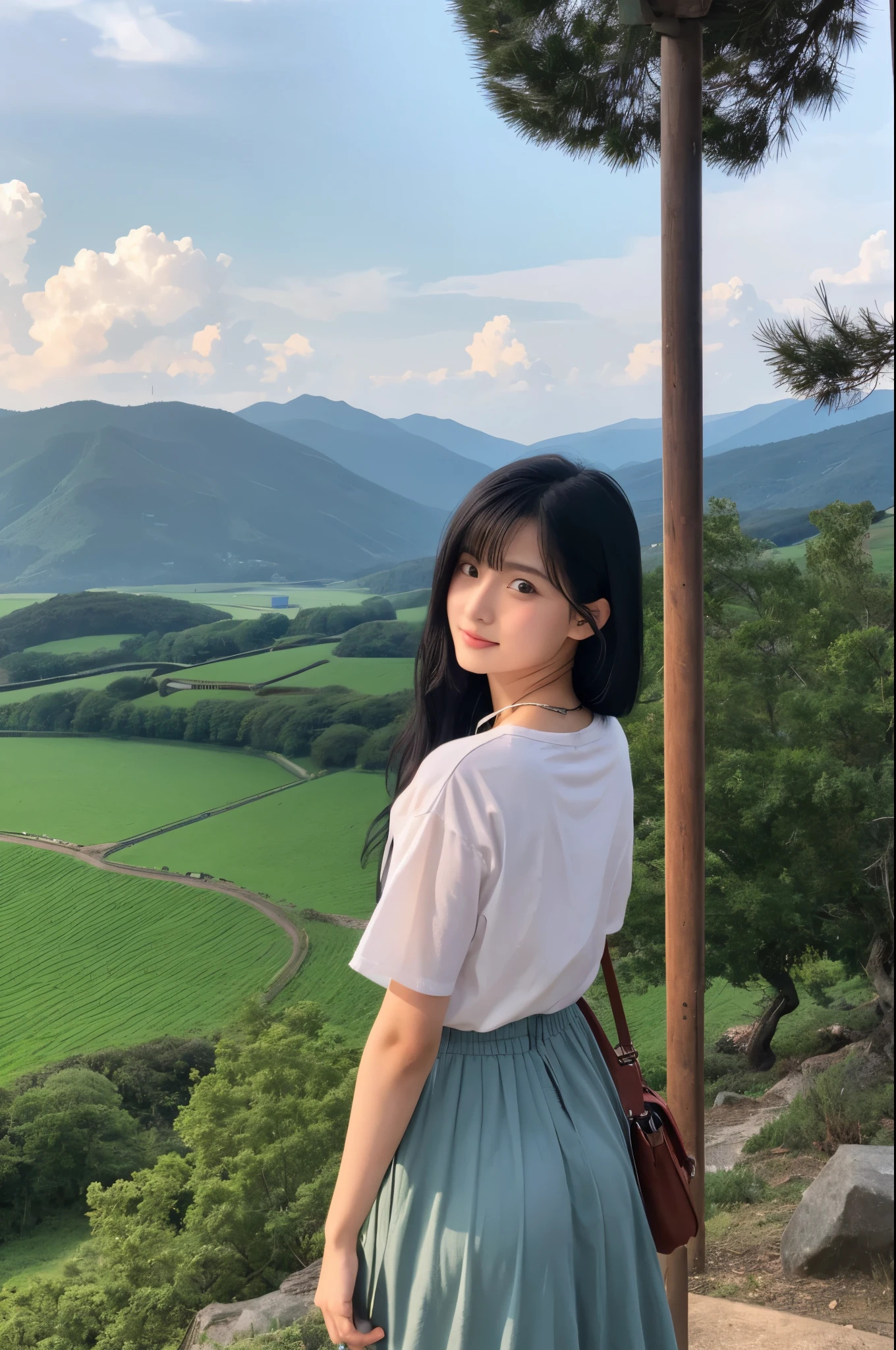 Cute black-haired beautiful girl、anime countryside scenery、beautiful