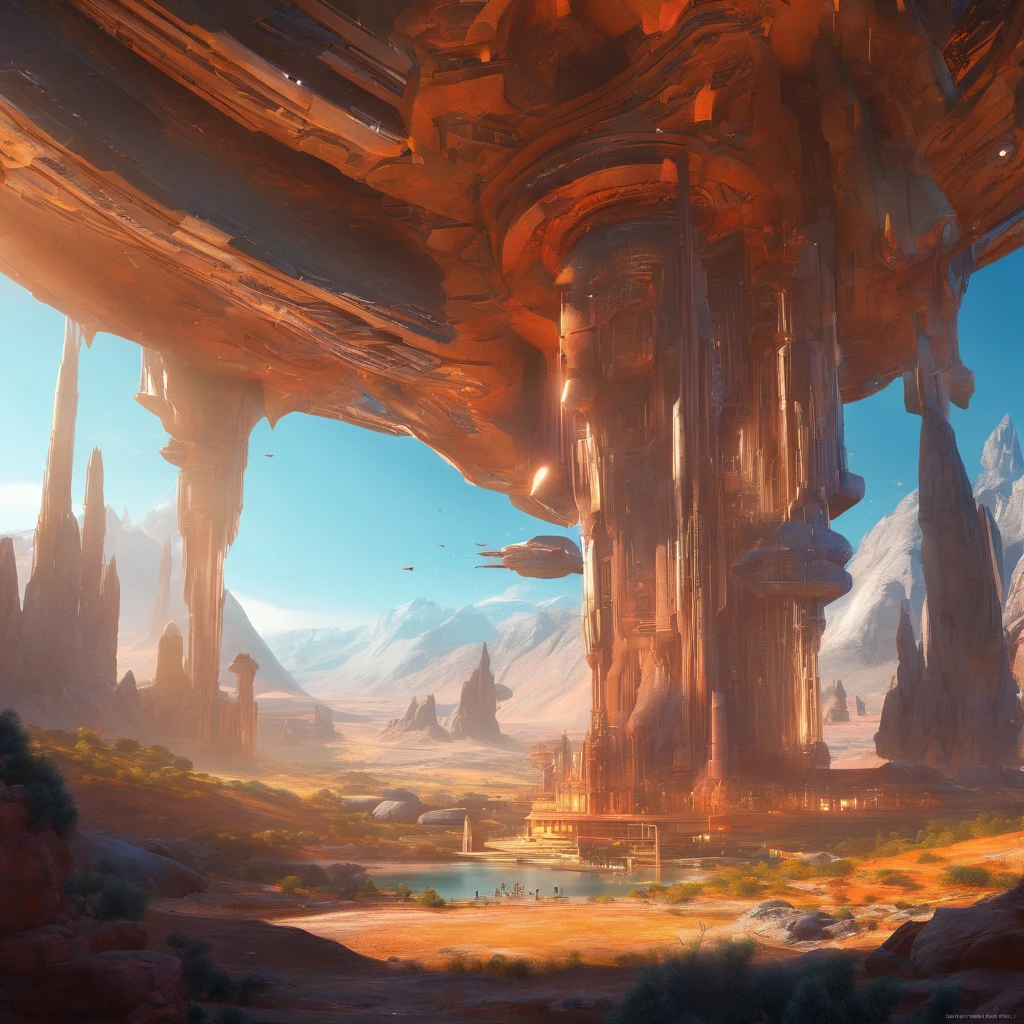 (best quality,highres,ultra-detailed,realistic,HDR,studio lighting,vivid colors,landscapes,portraits,sci-fi,concept artists,star war),a breathtaking landscape scene with a realistic depiction of a sci-fi world inspired by the concept artists of Star Wars. The scene is filled with stunning details and vibrant colors, showcasing the beauty and grandeur of the otherworldly setting. The landscape features vast mountains and towering cliffs, with a unique combination of futuristic architecture and natural elements. The studio lighting enhances the depth and realism of the scene, casting dramatic shadows and highlighting the intricate details of the world. The colors are vivid and dynamic, with a wide range of hues and tones that create a visually captivating experience. The overall atmosphere is both awe-inspiring and immersive, inviting viewers to explore and immerse themselves in this sci-fi masterpiece.
