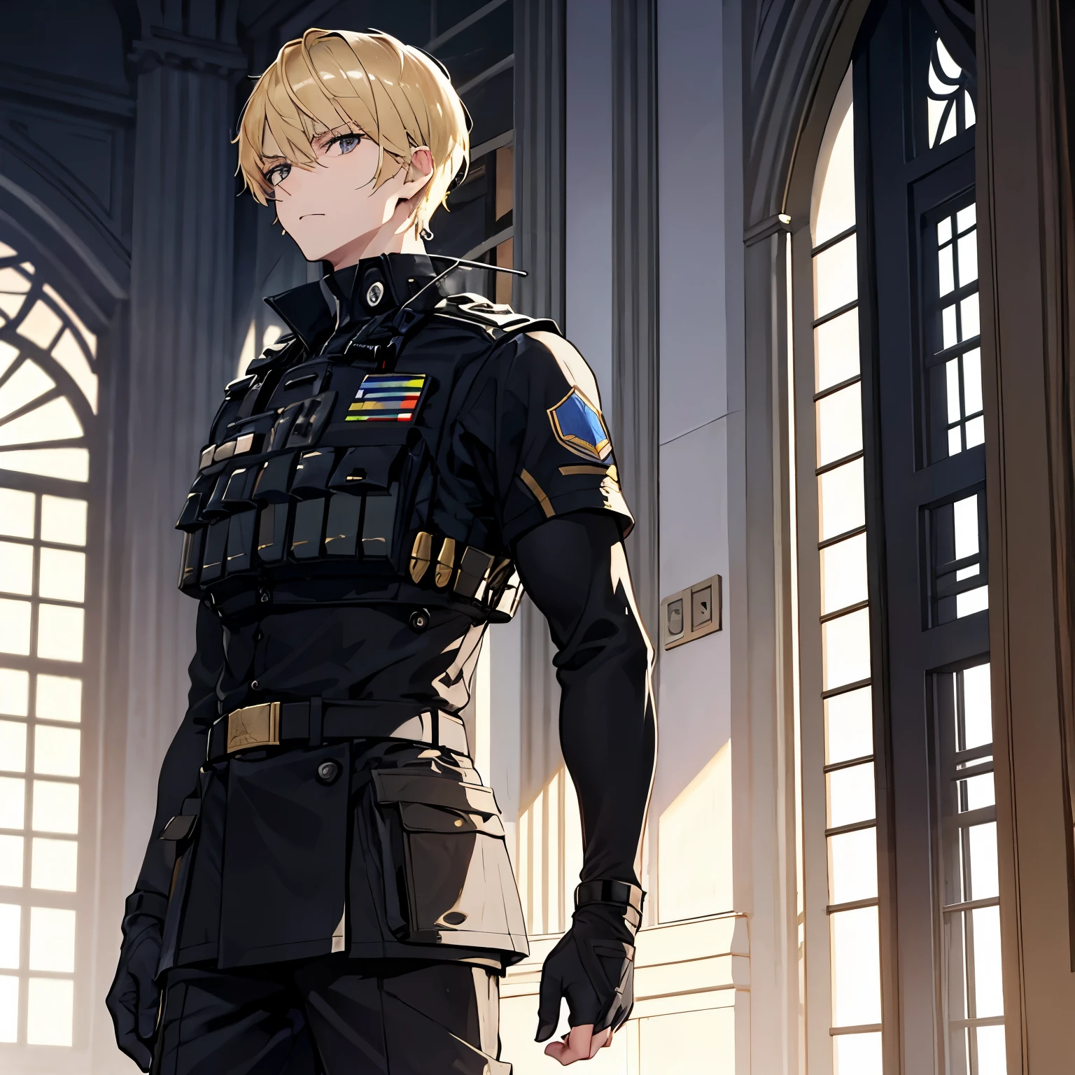 a man, serious look, standing, short hair, blonde, black eyes, fair skin, tall, special forces, european