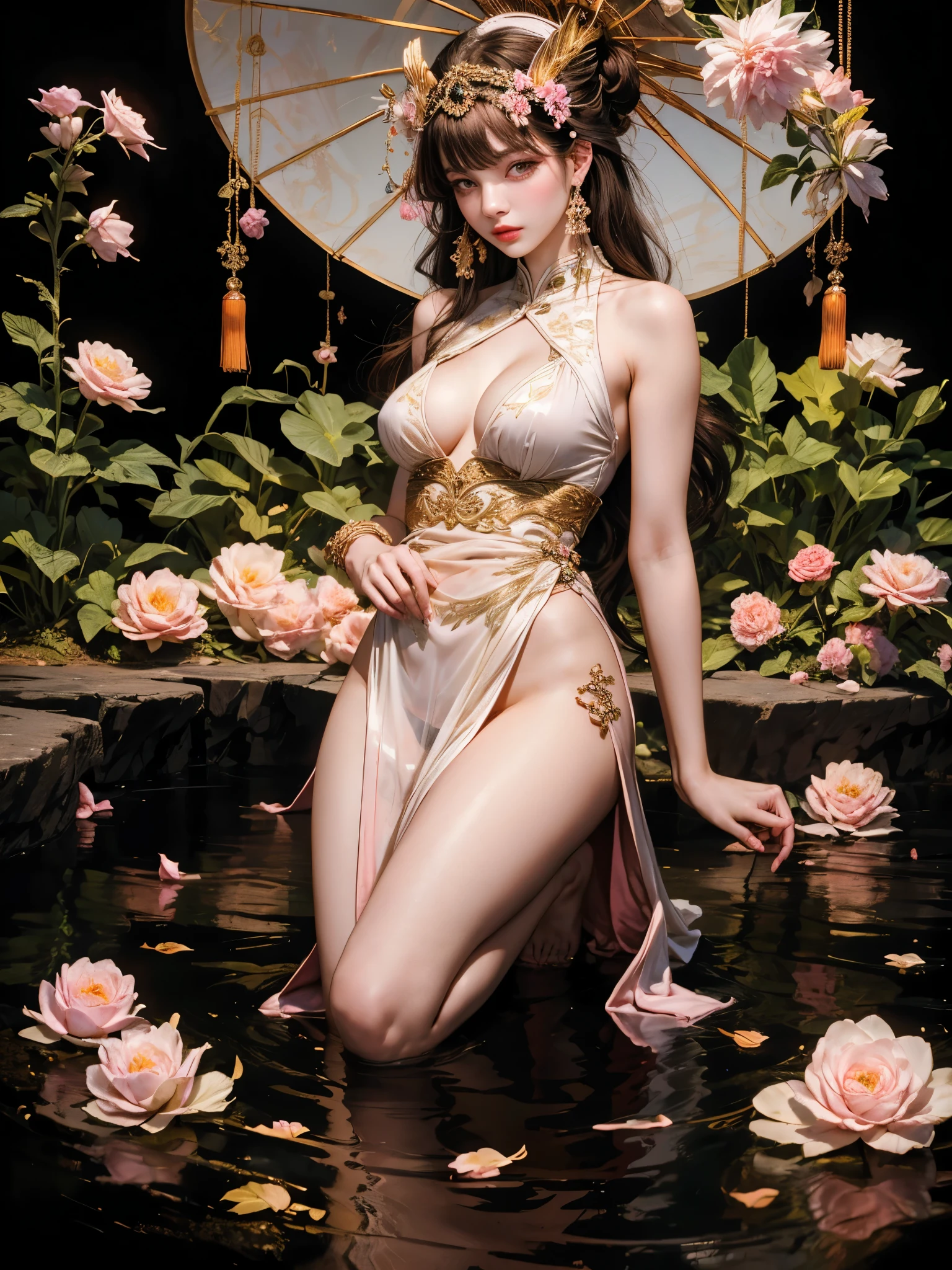 masterpiece, best quality, seaside, banquet, 1 female, mature woman, elegant, Chinese idol, ancient China, elder sister, Royal sister, Cheerful, A meatball head, light brown hair, pink eyes, Gorgeous headdress, light pink lips, pink clothes, yarn-like clothing, intellectuals, full bangs, Flat bangs, flower bulbs, Exquisite face shape,top knot(Rich picture,masterpiece品质)Beautiful 8K CG artwork,goddess-like pose,kneeling exercises,thin and soft,Translucent skin,black hair color hair、The perfect blend for medium-length and messy hair,fair and juicy skin,Big breasts,Perspective Part 1.2x enhanced contouring effect,Pajamas are delicate and transparent,Intricate and exquisite details,The background is a bit blurry,Charming and sexy legs,