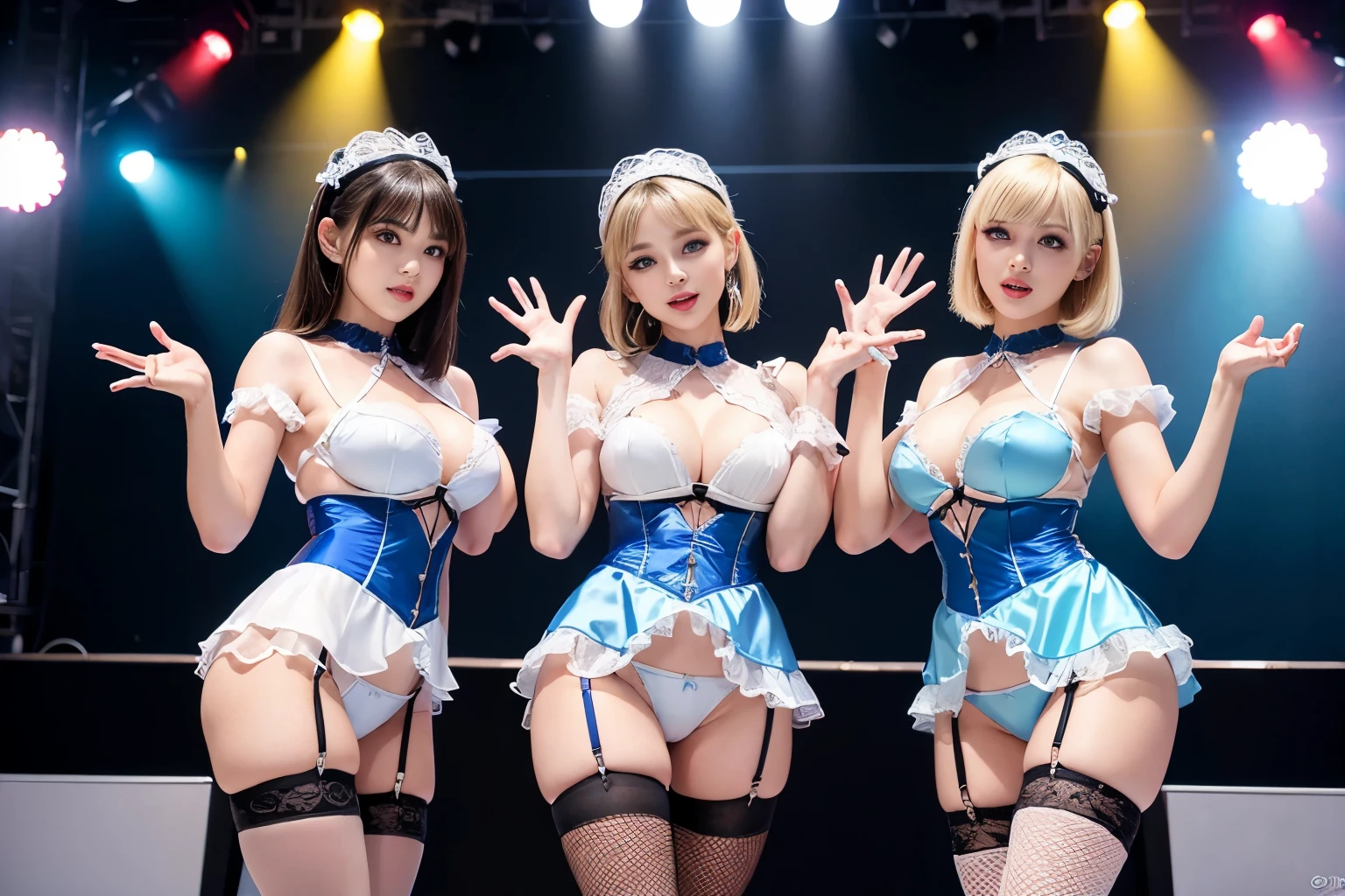 3-member girl group、Light pop music group、Very high resolution、Ultra high picture quality、16K、Wonderful expression with attention to detail、beautiful face, idols, BIG BREASTS, light blue eyes, All have STRAIGHT BOB CUT blonde hair, ((cute satin costume, lace mini shirt, costumes white and black multi-colored stage))、pantie view, Outdoor music hall performance stage