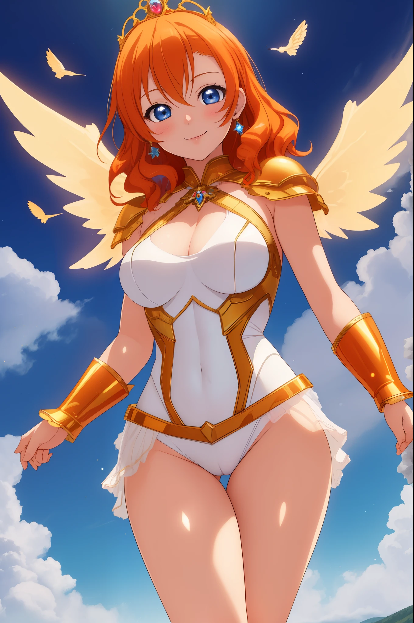 (Masterpiece, Best Quality, High Quality),volumetric lighting, illustration, beautiful,Kousaka honoka, cowboy shot, blue eyes, orange hair, white bodysuit, y, goddess wings, gold tiara,on heaven, blue sky , warm smile, thighs