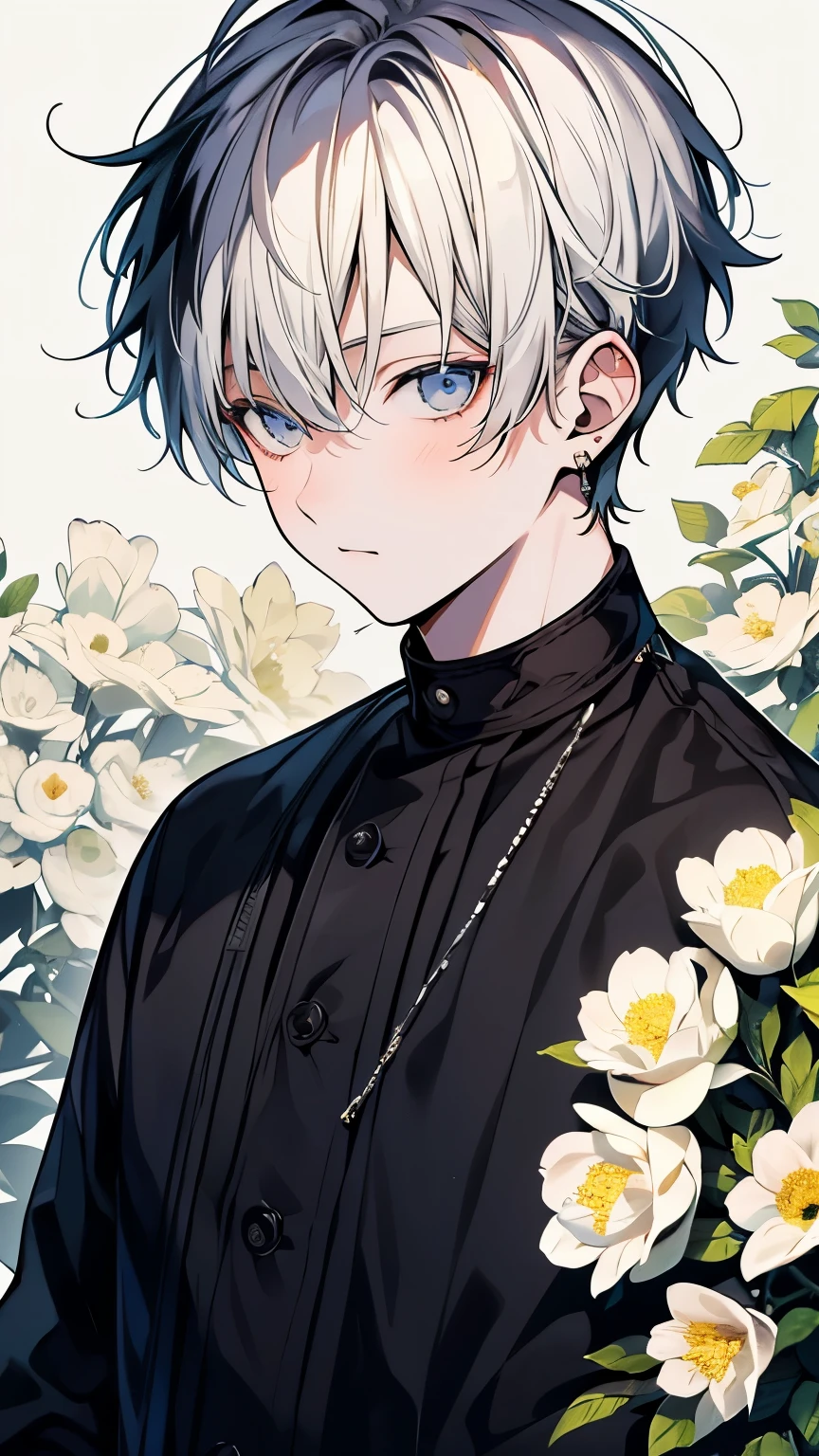 very detailed, ((two friendly men:1.5)), perfect face, beautiful face, very detailed顔，(black haired man:1.3)，(white haired man:1.3)，Ruffled shirt，smile，flower