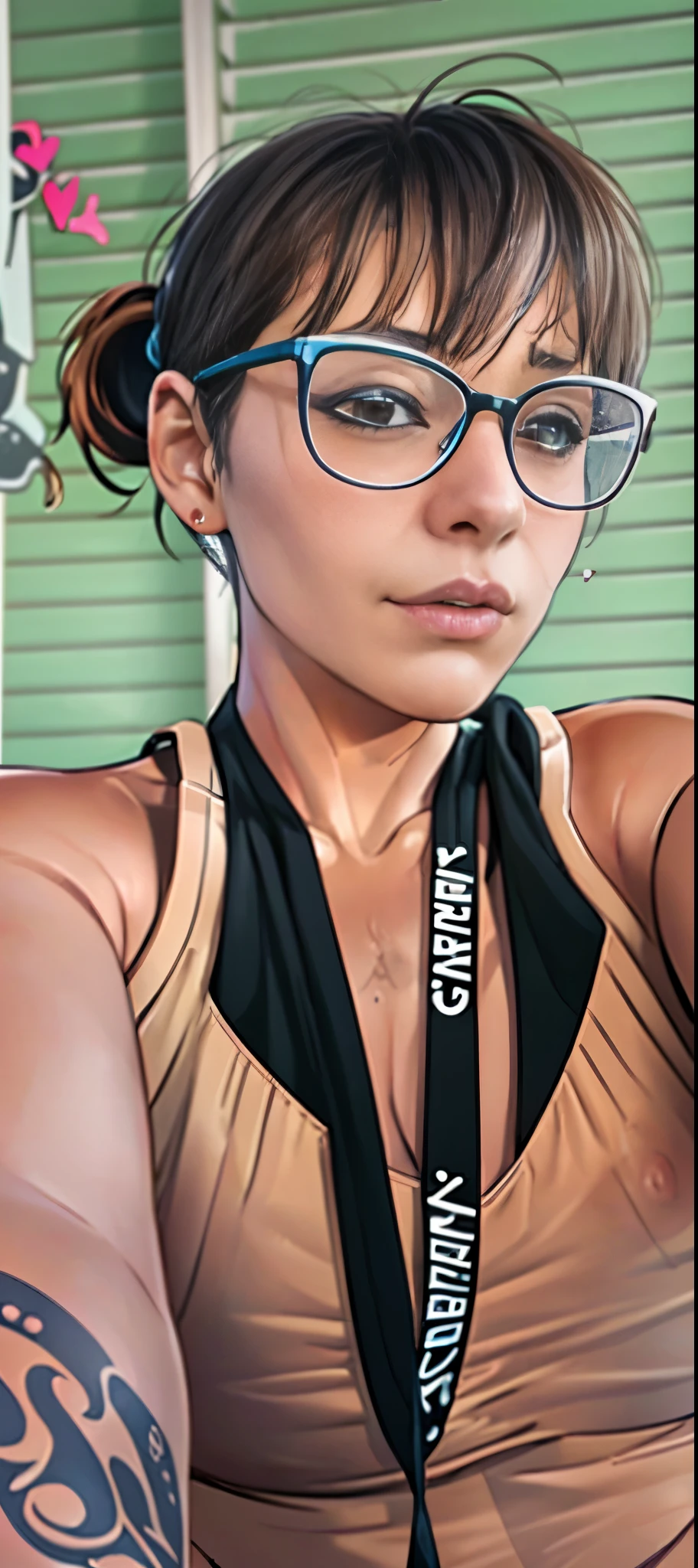 Short stoner hipster girl with glasses, Match Face And Tattoos from image above:2), brown hair:1.4, brown eyes, droopy b-cup tits:1.3, naked stretch-marked saggy tits:1.3, huge nipples:1.2, stretch marks:1.5, cannabis smoke, small skull and heart lineart tattoo on left collarbone:1.3, getting fucked rough:1.3, looking up at you, large penis:1.3, orgasm face:1.3, moaning:1.3, vaginal sex:1.5, mating press:1.3, vaginal penetration:1.3, flopping tits:1.5, action shot of flopping saggy tits:1.5 COMPLETELY NUDE:1.5