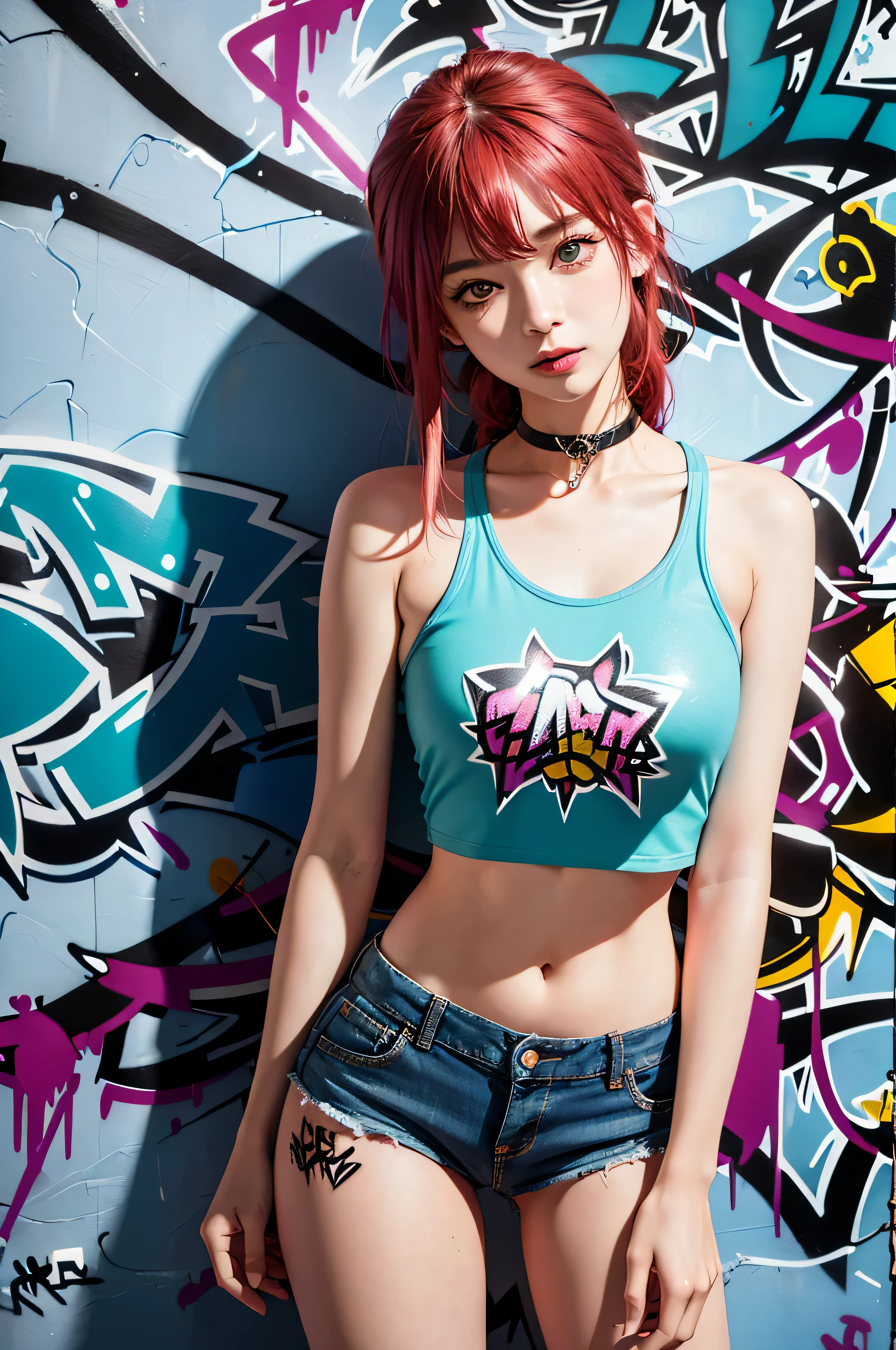 Masterpiece, Best quality, 1 girl, One, crop top, denim shorts, necklace, (graffiti:1.5), splashes of paint, hands behind your back, near the wall, I'm looking at the viewer, armband, thigh strap, Paint on the body, Head tilt, bored, multicolored hair, sea green eyes, decorate,