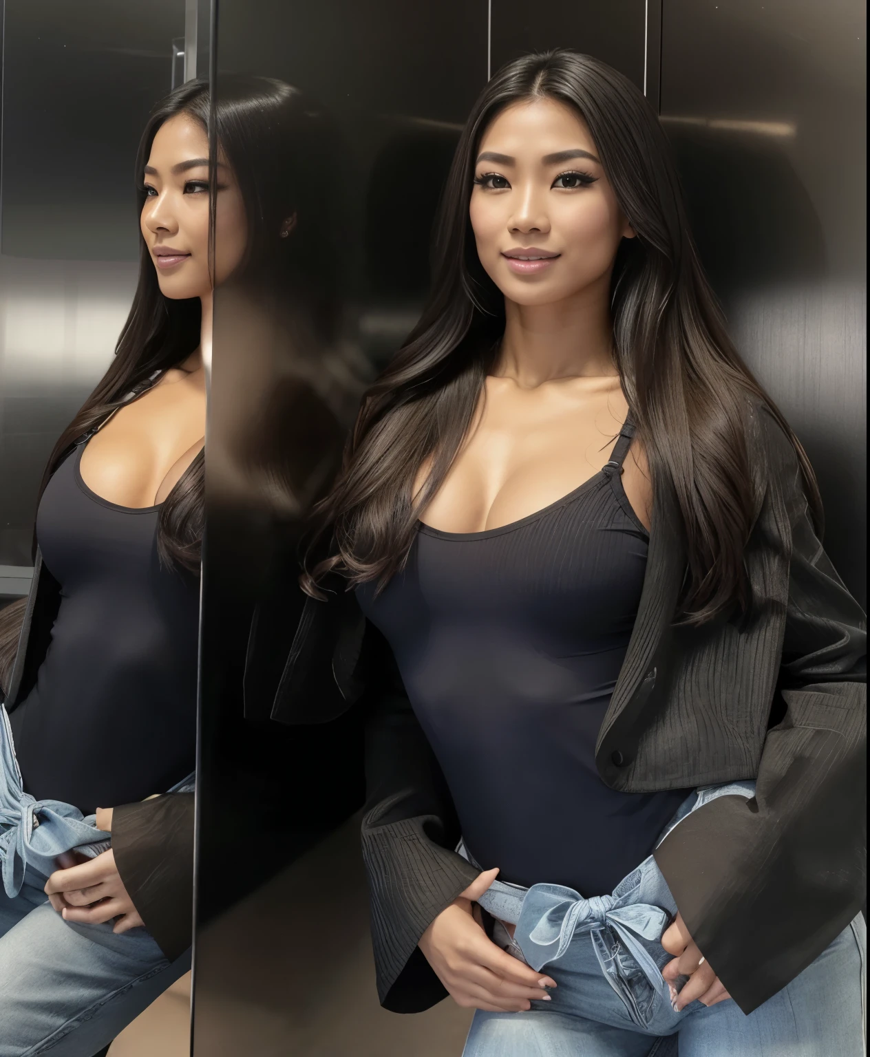 Young Thai woman, Fit physique, fitness physique, portant de la lingerie noire sexy, watch on the canapé, les jambes ouvertes, corps sexy, (8K), (best quality), (chef-d&#39;Ouvrages d&#39;art:1.3), (realistic), (Photorealistic:1.34), ultra-detailed, [Beautiful detailed eyes], (sourire), (sourire), (beautiful detailed nose), [cheveux blonds très longs], (haut court), lingerie noire, (superbes seins taille normale), (gros plan), profondeur de champ, full body view, sitting on the sofa, legs spread, montrant l&#39;entrejambe, pieds en l'air