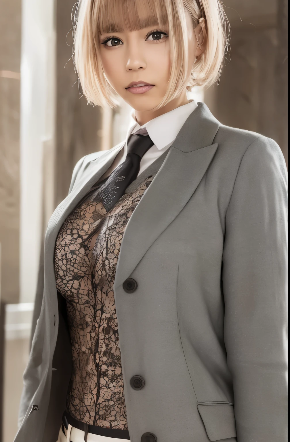 (RAW photo, highest quality), (realistic, realistic: 1.3), masterpiece, very delicate and beautiful, very elaborate, CG, unity, 2k wallpaper, wonderful, Are you okay, bright smile, very elaborate CG unity 8K wallpapers, huge file size, 超High resolution, High resolution, disorganized, soft light, ((short hair: 1.3), short bangs, silver hair, Floating Hair novafrog Style), beautiful girl details, Are you okay fingers, very Are you okay eyes and face, beautiful nose details, Beautiful eyes in every detail, long eyelashes, light shines on your face, looking at the viewer, (with your mouth closed: 1.2) 1 girl, cute, young, mature face, (whole body: 1.3) realistic face, realistic body, Thin and beautiful thighs, ( Ulchan-6500-v1. 1:0.8) business suit, cross lace clothing, collared shirt, open clothes, office, open cardigan, black thighs,