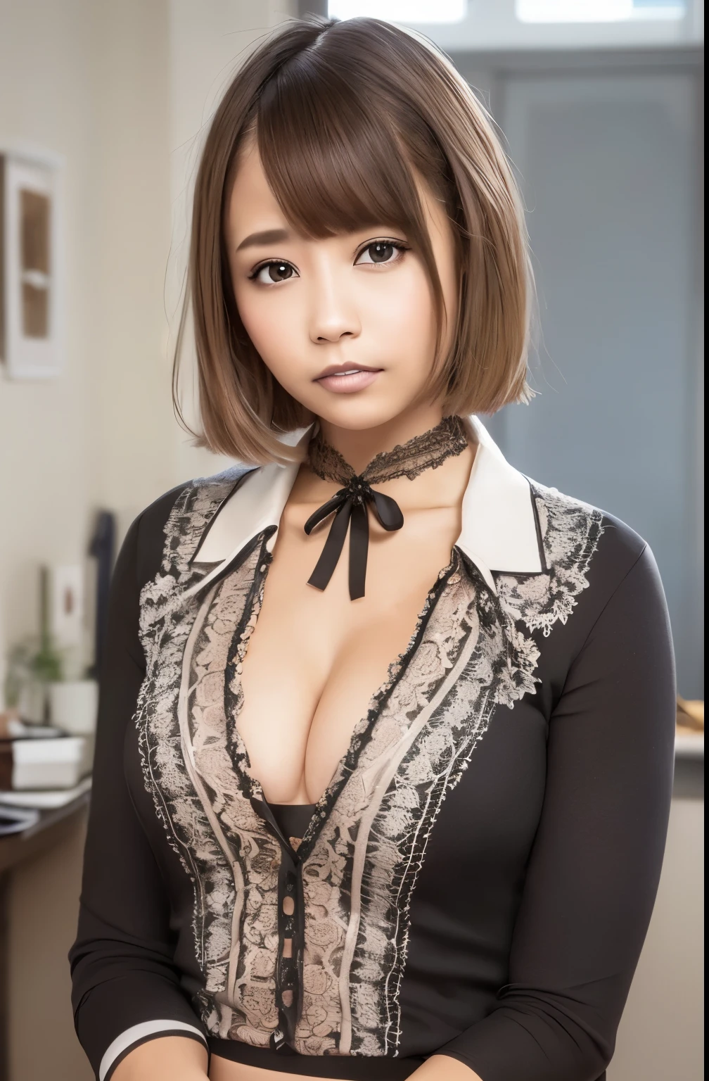 (RAW photo, highest quality), (realistic, realistic: 1.3), masterpiece, very delicate and beautiful, very elaborate, CG, unity, 2k wallpaper, wonderful, Are you okay, bright smile, very elaborate CG unity 8K wallpapers, huge file size, 超High resolution, High resolution, disorganized, soft light, ((short hair: 1.3), short bangs, silver hair, Floating Hair novafrog Style), beautiful girl details, Are you okay fingers, very Are you okay eyes and face, beautiful nose details, Beautiful eyes in every detail, long eyelashes, light shines on your face, looking at the viewer, (with your mouth closed: 1.2) 1 girl, cute, young, mature face, (whole body: 1.3) realistic face, realistic body, Thin and beautiful thighs, ( Ulchan-6500-v1. 1:0.8) business suit, cross lace clothing, collared shirt, open clothes, office, open cardigan, black thighs,