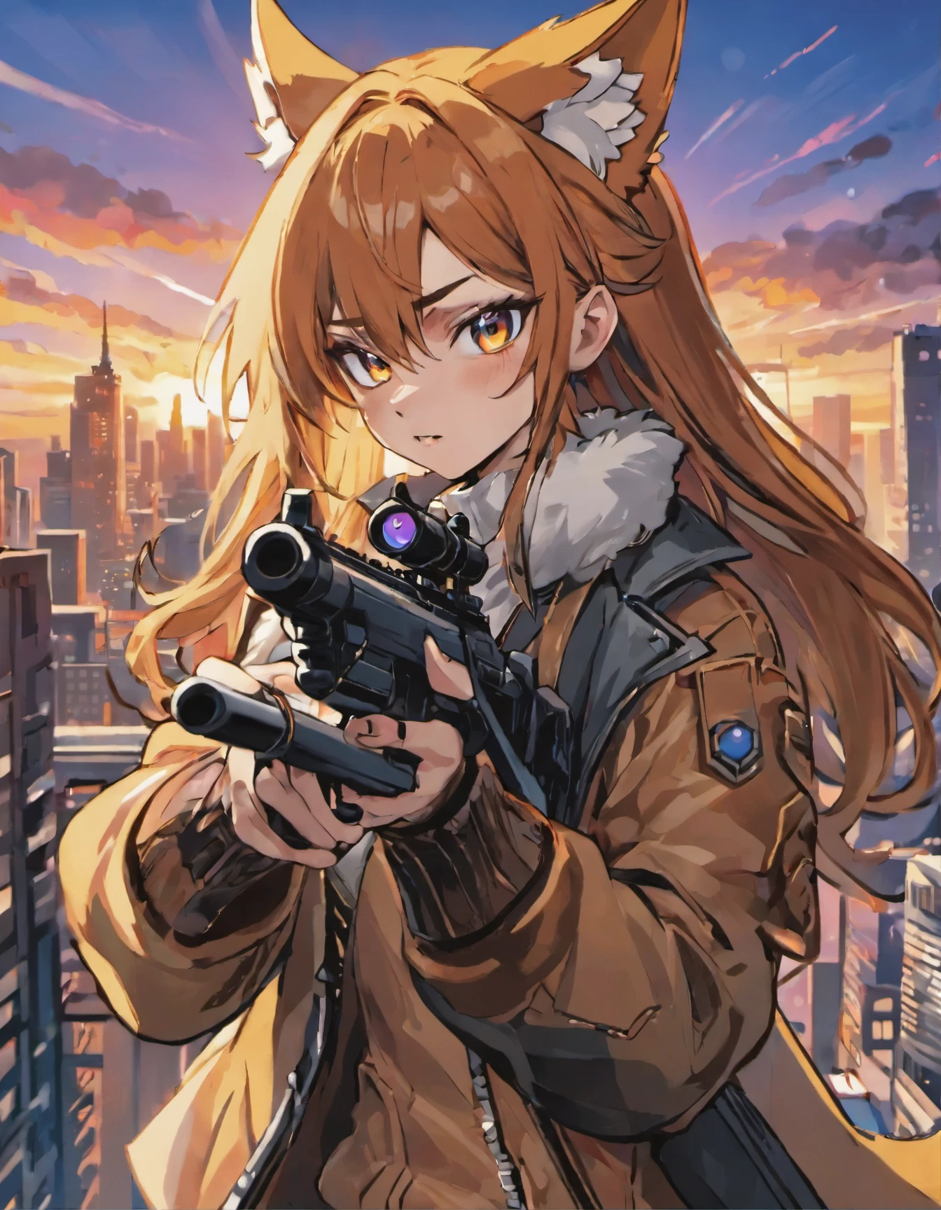 (ultra-detailed, highres, realistic:1.37), (portrait, anime), beautiful detailed eyes, beautiful detailed lips, fox ears, fluffy tail, long hair, slender figure, confident expression, wearing a sniper uniform, holding a sniper gun, aiming with precision, intense focus, background of a city skyline, sunset lighting, vivid colors, unique style.