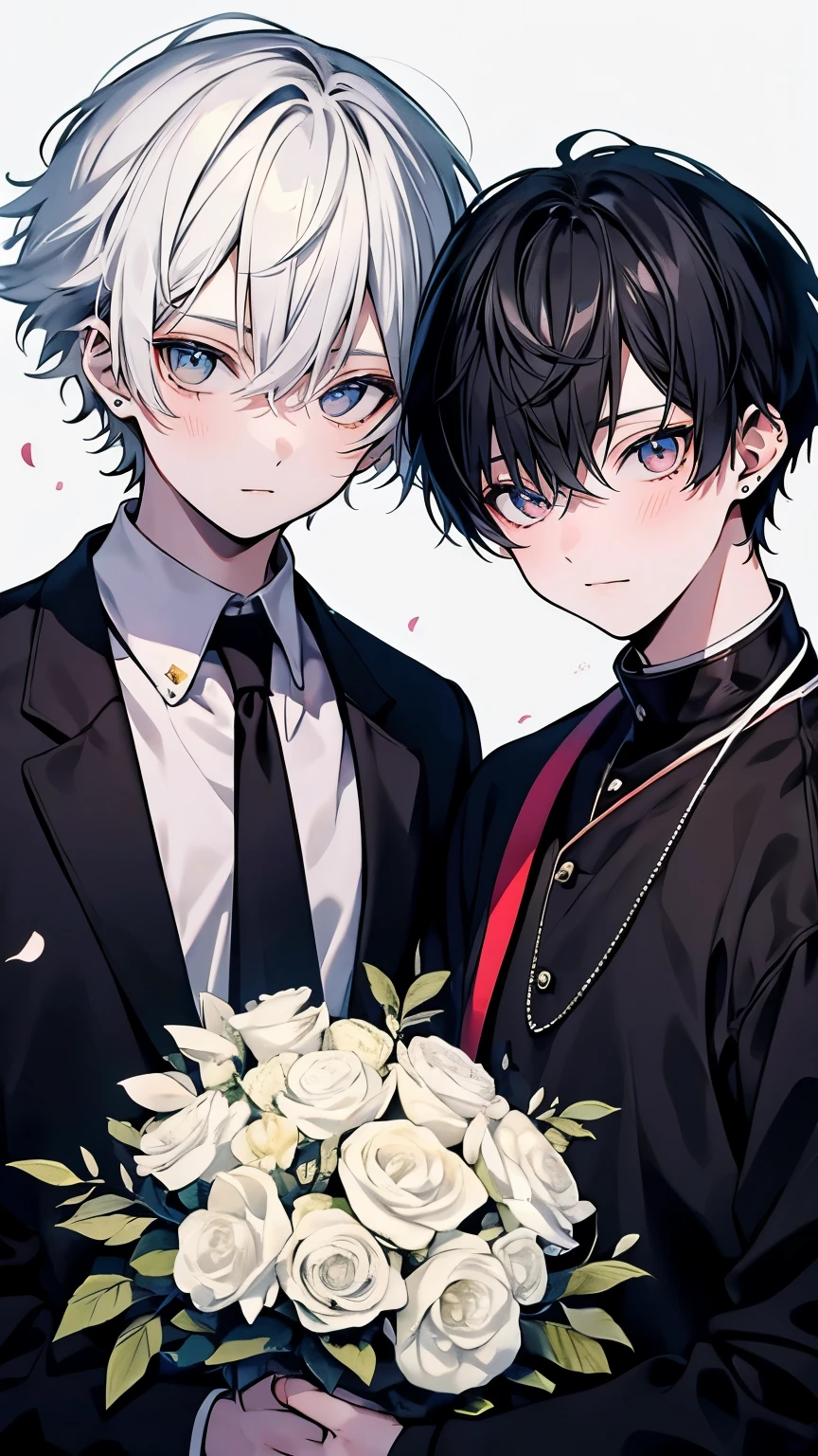 very detailed, ((two friendly men:1.5)), perfect face, beautiful face, very detailed顔,(black haired man:1.3),(white haired man:1.3),Ruffled shirt,smile,flower