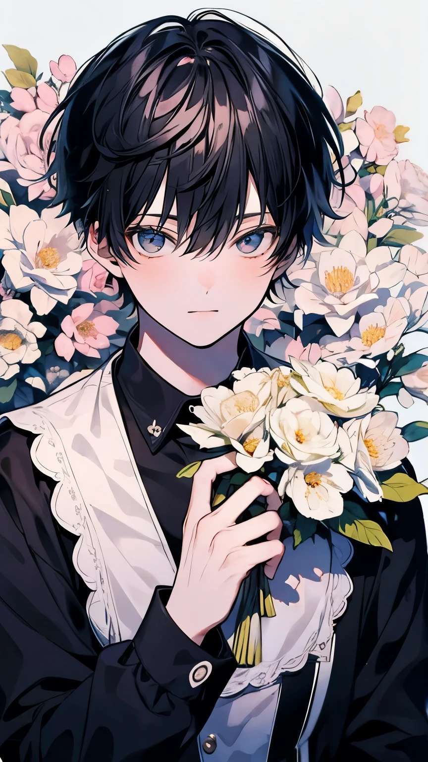 very detailed, ((two friendly men:1.5)), perfect face, beautiful face, very detailed顔，(black haired man:1.3)，(white haired man:1.3)，Ruffled shirt，smile，flower