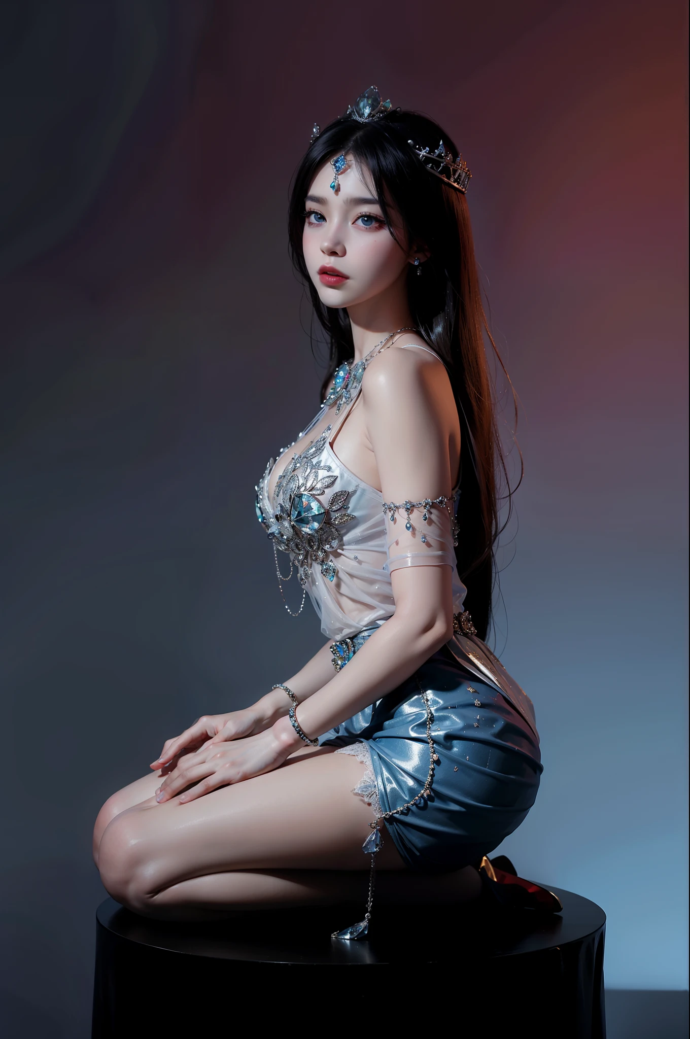 Royal sister,exquisite eyes,ice queen,put the crown on your head,Detailed facial expressions body,tall figure,Gorgeous,Leg length,4k,HD,Sensual,translucent lace,白皙plump figure,pretty face,Little cherry mouth,beautiful and delicious(3D royal sister),plump figure,gloss gel coat,Queen in luxurious dress,Crystal Gem Crown,Angel of light in armor,Kneel on the table,five fingers