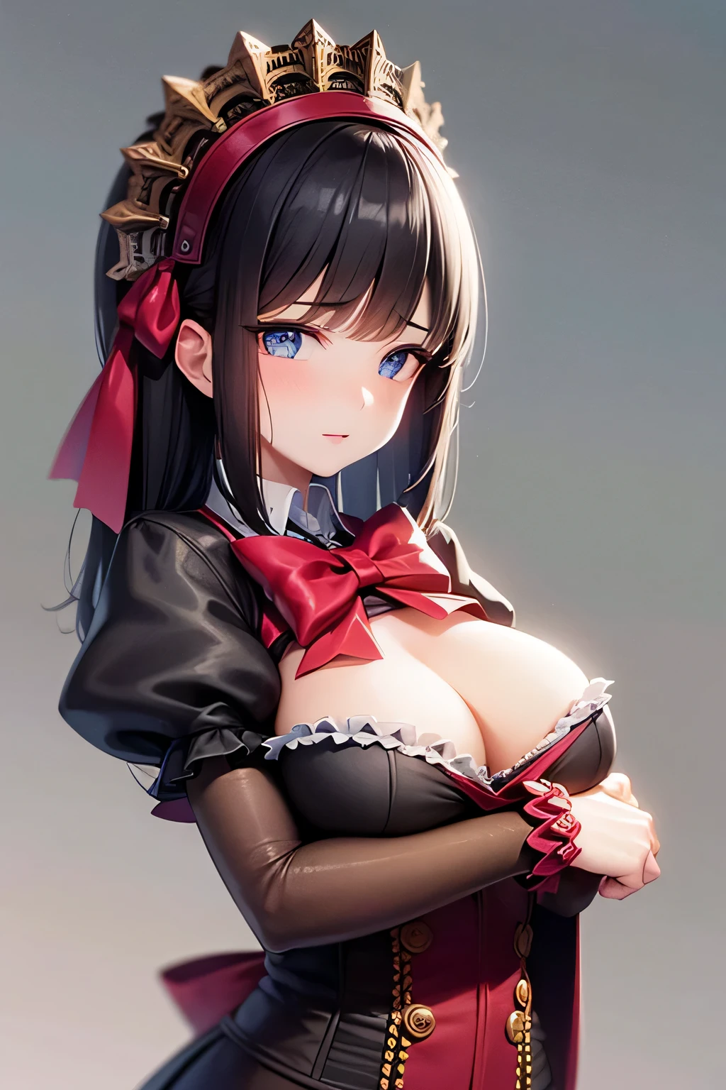 1girl, masterpiece, best quality, 8k, detailed skin texture, detailed cloth texture, beautiful detailed face, intricate details, ultra detailed, Alice in Wonderland, (a bow on her head:1.1), upper body, large breasts