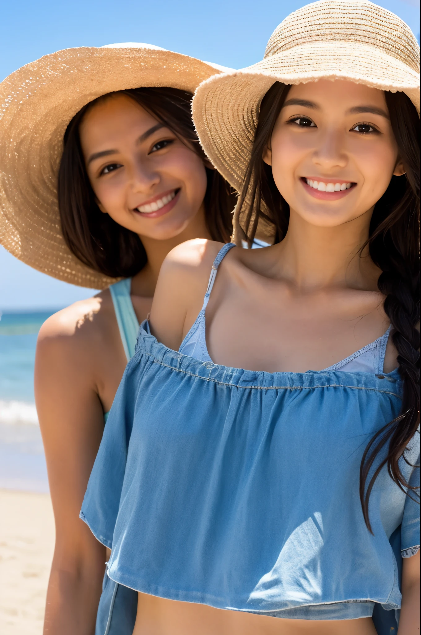 (best quality,4K,high resolution,masterpiece:1.2), Junior high school student at the beach, applying sunscreen, vibrant colors, detailed facial expression, ocean waves, sandy beach, clear blue sky, summer vibes, relaxed atmosphere, joyful laughter, tropical paradise