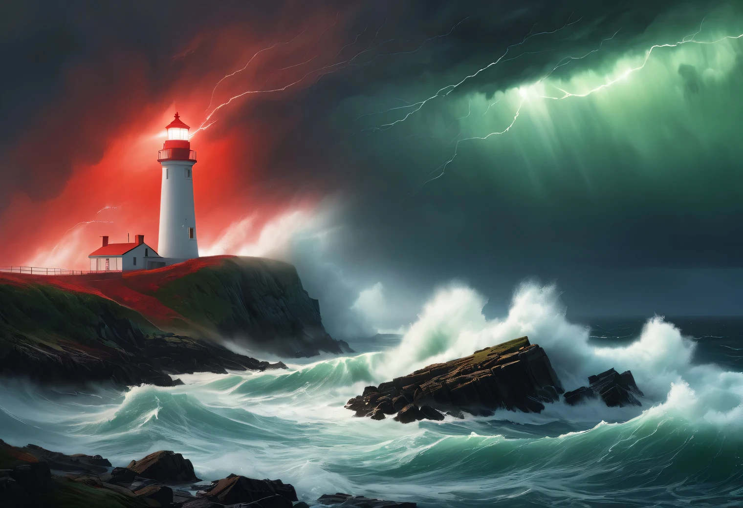 (dark green lighting Art:1.7050), Realistic painting in red tones., (fog:1.2), (the wind carries sea spray and foam:1.7), the dark a stormy sky is illuminated by the red light of the lighthouse, Double exposure effect, (1 Lighthouse on the edge of a cliff:1.5 glows red:1.3505), (a stormy sea:1.755), Strong (a storm:1.3050), a stormy wind:1.250), red backlight, (ray tracing:1.2), (Tyndall effect:1.4055 lighthouse beams:1.4), High detail, a storm haze, Texture smoothing, outline blur, a storm palette, Ivan Aivazovsky, in combination with (surrealism:1.6), (the Strongest a storm of the century:1.5), (Low visibility:1.7)