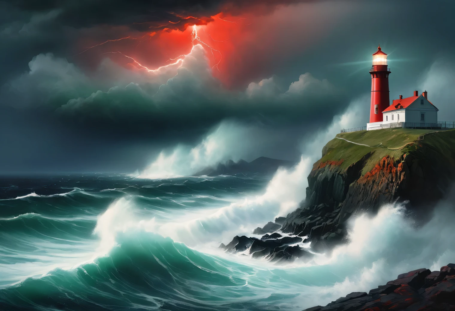 (dark green lighting Art:1.7050), Realistic painting in dark a stormy tones, (sea a storm fog: 1.2), (the wind carries sea spray and foam:1.7), the dark a stormy sky is illuminated by the pale light of a lighthouse, (Double exposure effect:1.5), (1 Lighthouse on the edge of a cliff:1.5 glows with bright blue rays: 1.3505), (a stormy sea: 1.755), Strong (a storm: 1.3050), Strong winds:1.250), Blue Highlight, (ray tracing: 1.2), (Tyndall effect: 1.4055 lighthouse beams:1.4), High detail, a storm haze, Texture smoothing, outline blur, a storm palette, Ivan Aivazovsky, in combination with (surrealism: 1.6), (the Strongest a storm of the century:1.5), (low visibility:1.7)