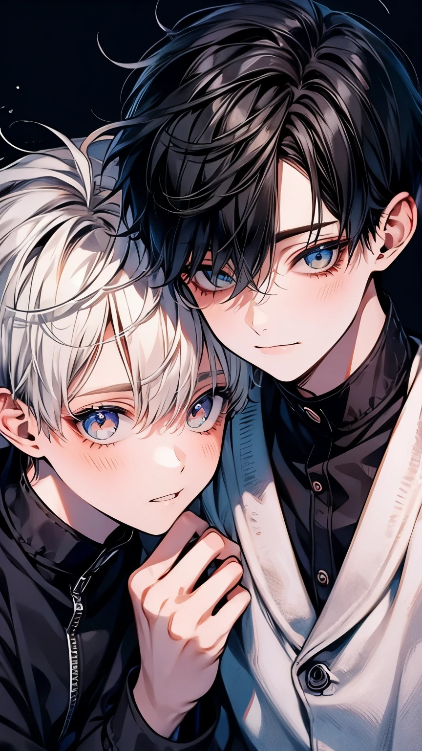 (muste piece), (best quality), very detailed, ((two men intimate)), perfect face, beautiful face, very detailed顔,(black haired man:1.3),(white haired man:1.3),suit,shirt,(Viewer's perspective:1.3)