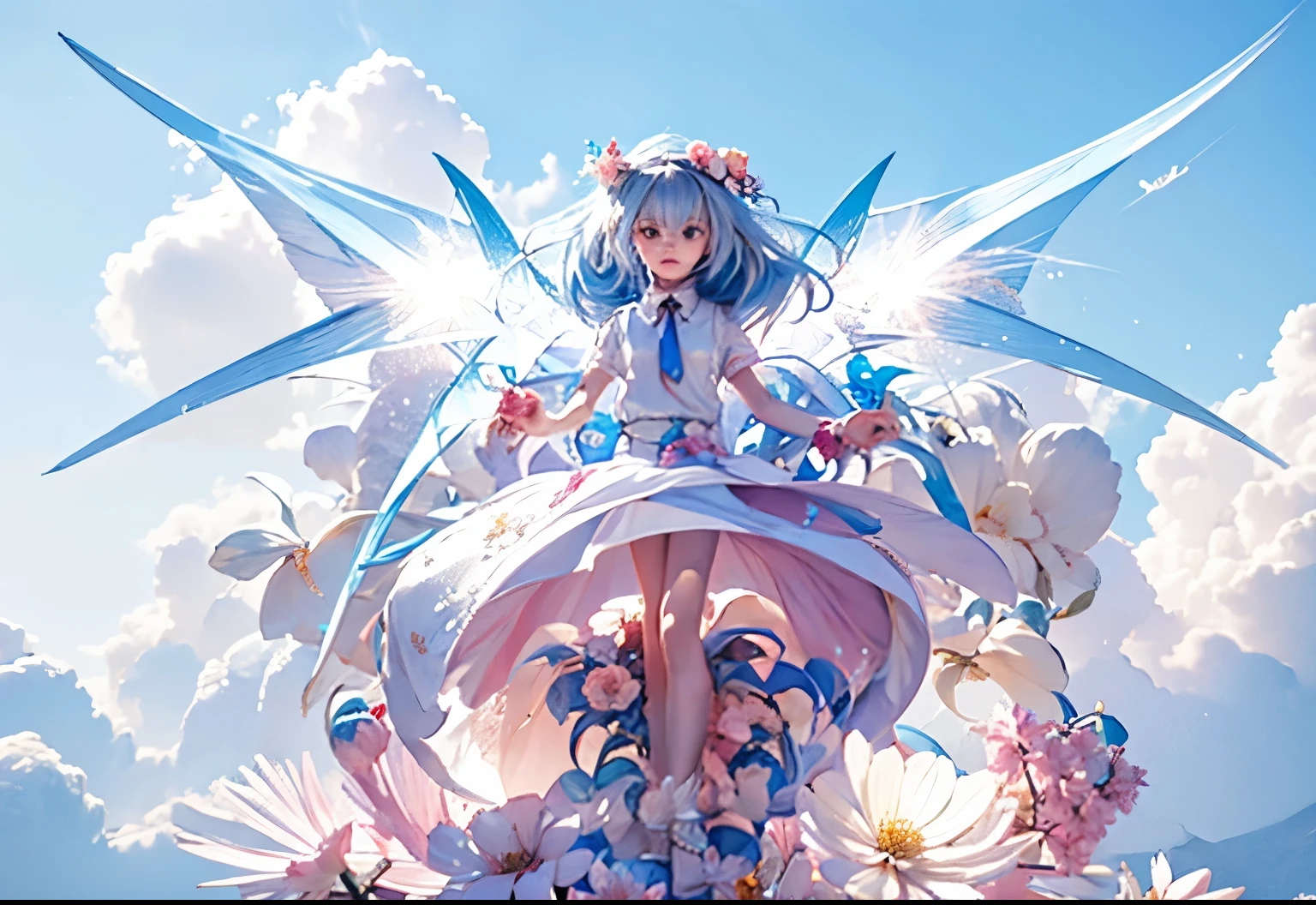 Off-white hair,Pink tie flower,milky white skin。delicate face,super goddess,sky blue pendant,Pink and white gradient dress,light gray background