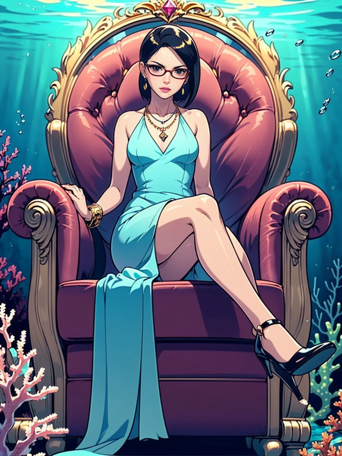 (((1girl, solo ,alone, Sarada Uchiha), short hair, ((smug, ((black eyes)), gold bracelets, ruby earrings, ((dark eyes, glasses, small breasts)), uchiha sarada)), ((solo, (1woman, pink lipstick), Extremely detailed, ambient soft lighting, 4k, perfect eyes, a perfect face, perfect lighting, a 1girl)), austere, ((sitting on a throne, (( elegant high heels, high heels, underwater, submerged in the ocean, deep sea, sea creatures, aqua)), sitting on her throne under; water, sea queen, mu yanling, Krenz Cushart and Artgerm, ((fish, coral)), shark, turtle, algae)), ((long dress, elegant dress , formal dress, dark red dress, bracelets, ruby earrings, gold necklace, diamond, sovereign))