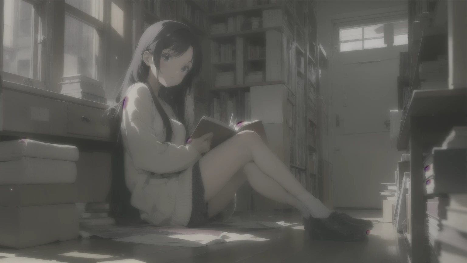 (masterpiece, 1980's anime illustration:1.1), Sweet girl with long purple hair in oversized knitted sweater, Sitting cross-legged on the floor of the bookstore, Open the book and put it on your lap, Read carefully, surrounded by piles of old books, The afternoon sun shines through the windows, Illuminating the dust floating in the air, Create a warm atmosphere, Detailed old binding on books, Patterned rug on hardwood floor, retro anime style, The warm light makes