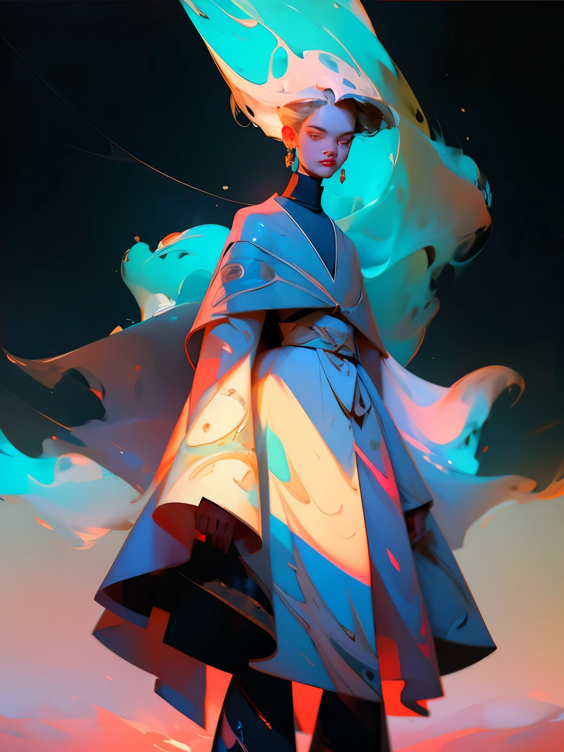 Man wearing trendy clothes, in an abstract oil painting style, fashion show, The painting is ultra-high detailed and has a resolution of 8k, showcasing the best quality and craftsmanship. The background is colorful, with a touch of fog and mist, creating a mysterious atmosphere. There is a subtle lens flare effect, adding a dynamic element to the artwork. This painting aims to be reminiscent of luxury brand advertising, showcasing the beauty and elegance of the fashion world.