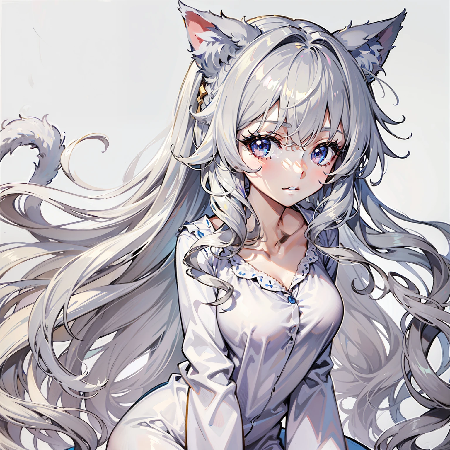 1girl, anime, medium_breasts, wavy_long_hair, gray_hair, cat_ears, loose_white_pajama_dress, gold_eyes, white_background, cheerful, looking_at_viewer