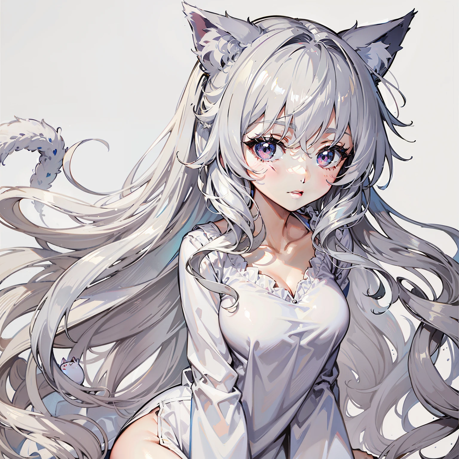 Anime girl with long white hair and cat ears - SeaArt AI