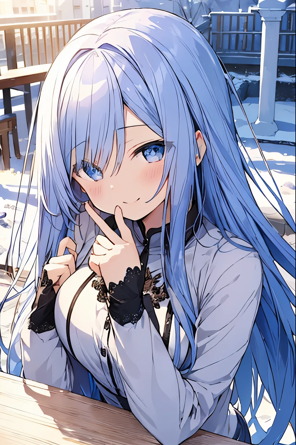 table top, highest quality,figure, wallpaper, Super detailed, absurd beauty, 1 beautiful girl、bright hair color、sparkling big eyes、hair blowing in the wind、plump breasts、♡、small head、winter scenery、naughty smile、Angle seen from above
